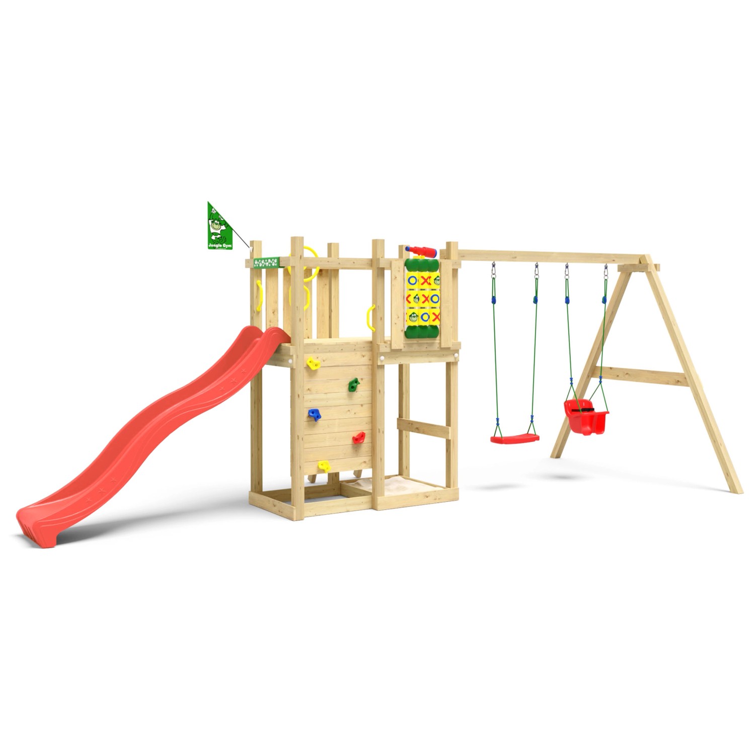 Jungle Gym Spielturm Ledge Holz mit Doppelschaukel Tic Tac Toe Rutsche Rot
