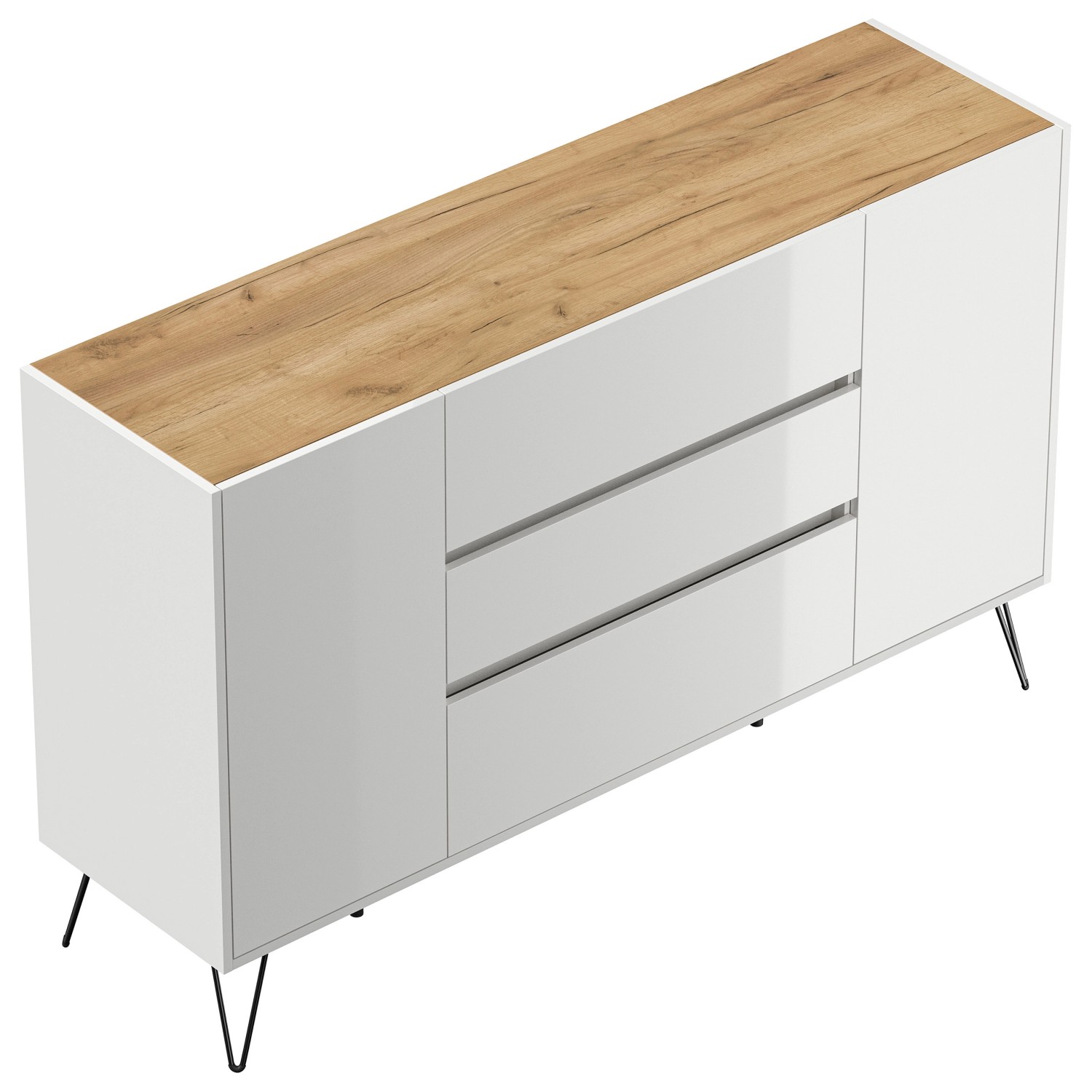 Posseik Sideboard Industrial O 3 Schubladen 2 Türen 155 cm Weiß Eiche Top