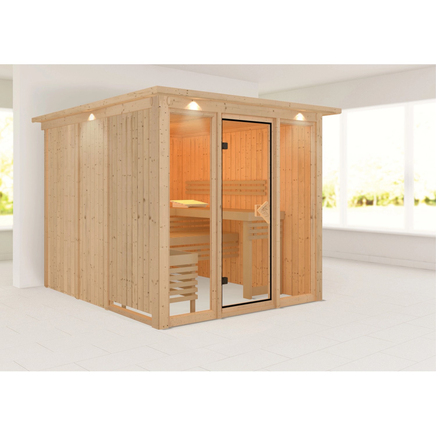 Karibu Sauna Svava Glasfront mit Kranz Natur