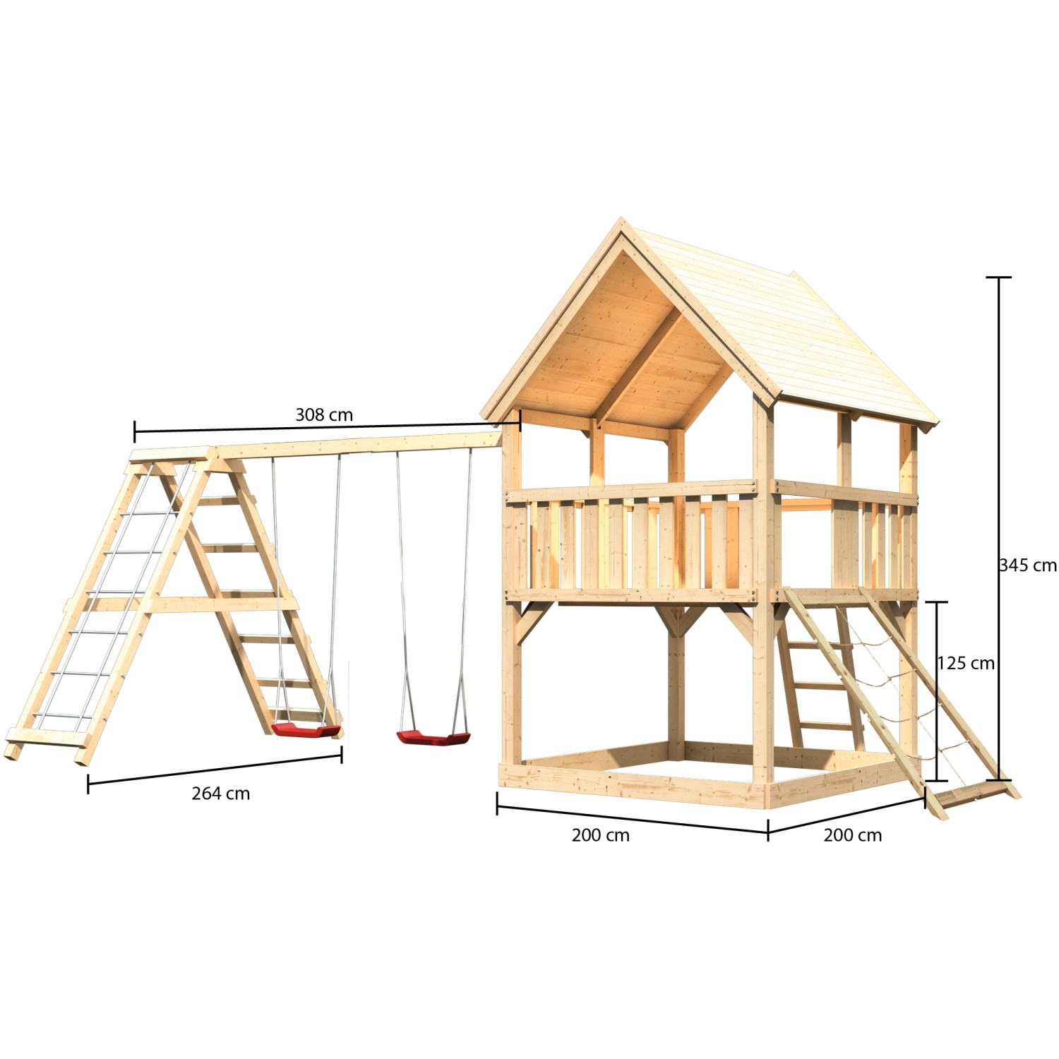 Karibu Spielturm Luis Satteldach Doppelschaukel Klettergerüst Netzrampe