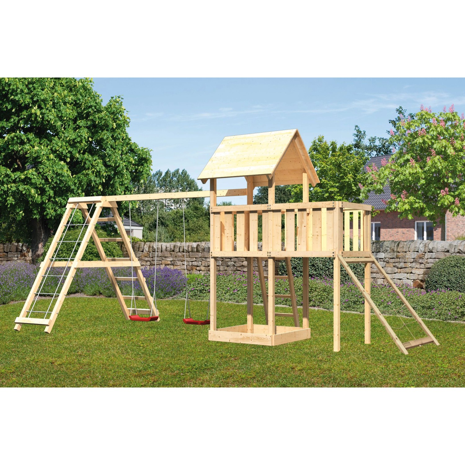 Karibu Spielturm Lotti Doppelschaukel Klettergerüst Anbauplattform Netzrampe
