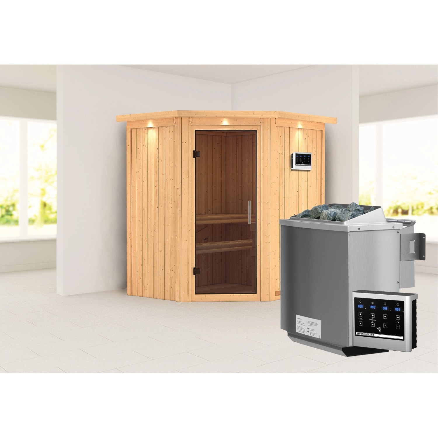 Karibu Sauna Tjorven + Bio-Ofen ext. Strg. Easy, Glastür Graphit