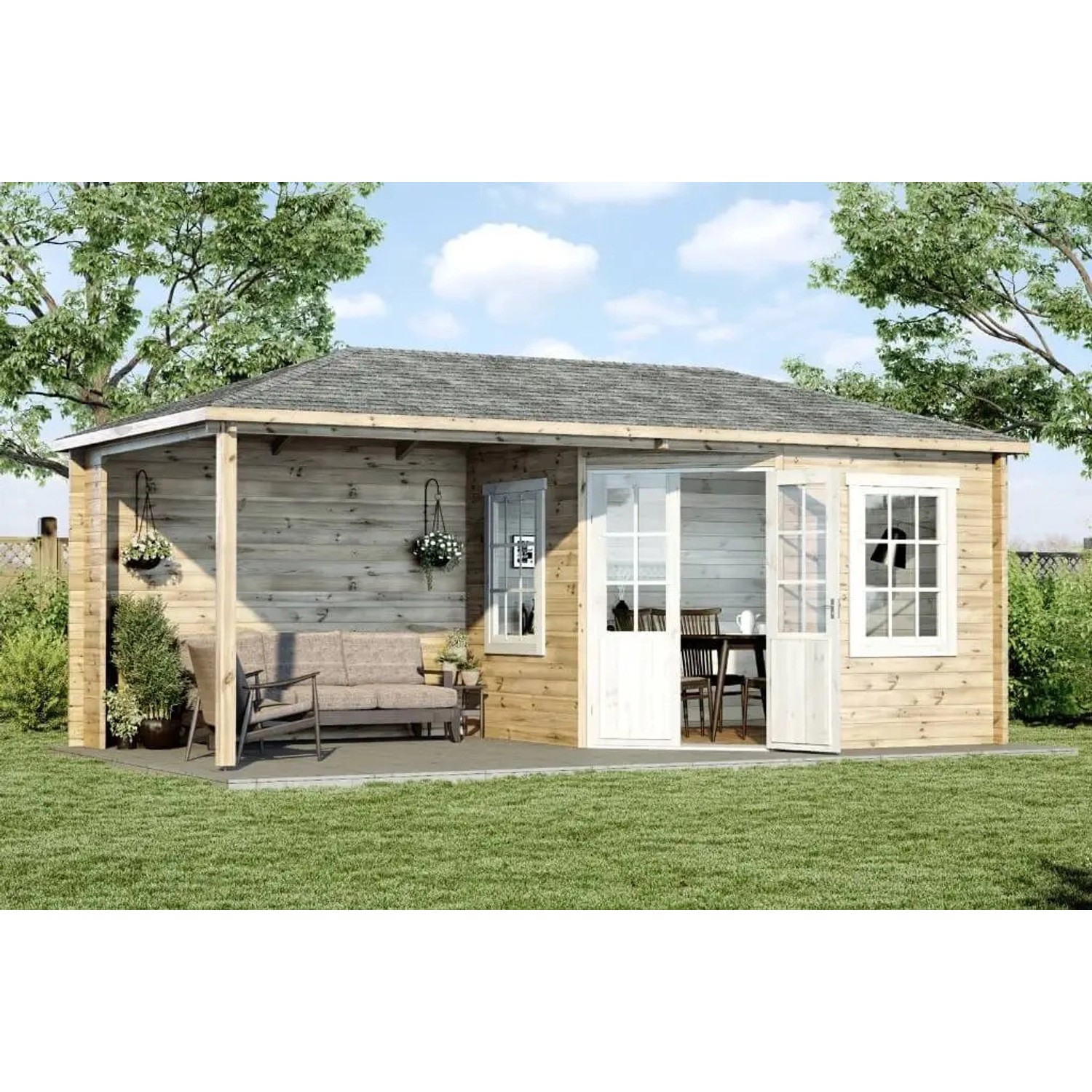 Alpholz 5-Eck Gartenhaus Mosel mit Vordach Unbehandelt 578 cm x 280 cm