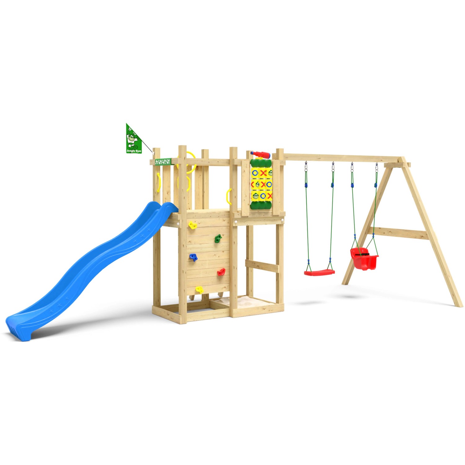 Jungle Gym Spielturm Ledge Holz mit Doppelschaukel Tic Tac Toe Rutsche Blau
