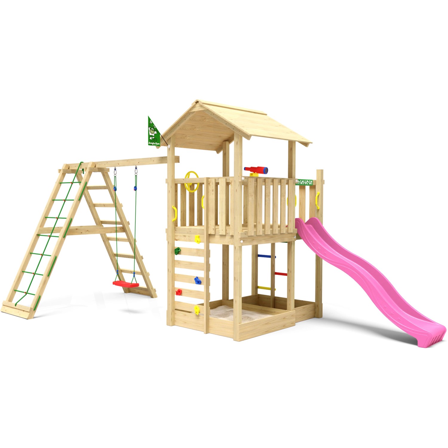 Jungle Gym Spielturm Chateau Holz m. Schaukel Kletterbock und Rutsche Fuchsia