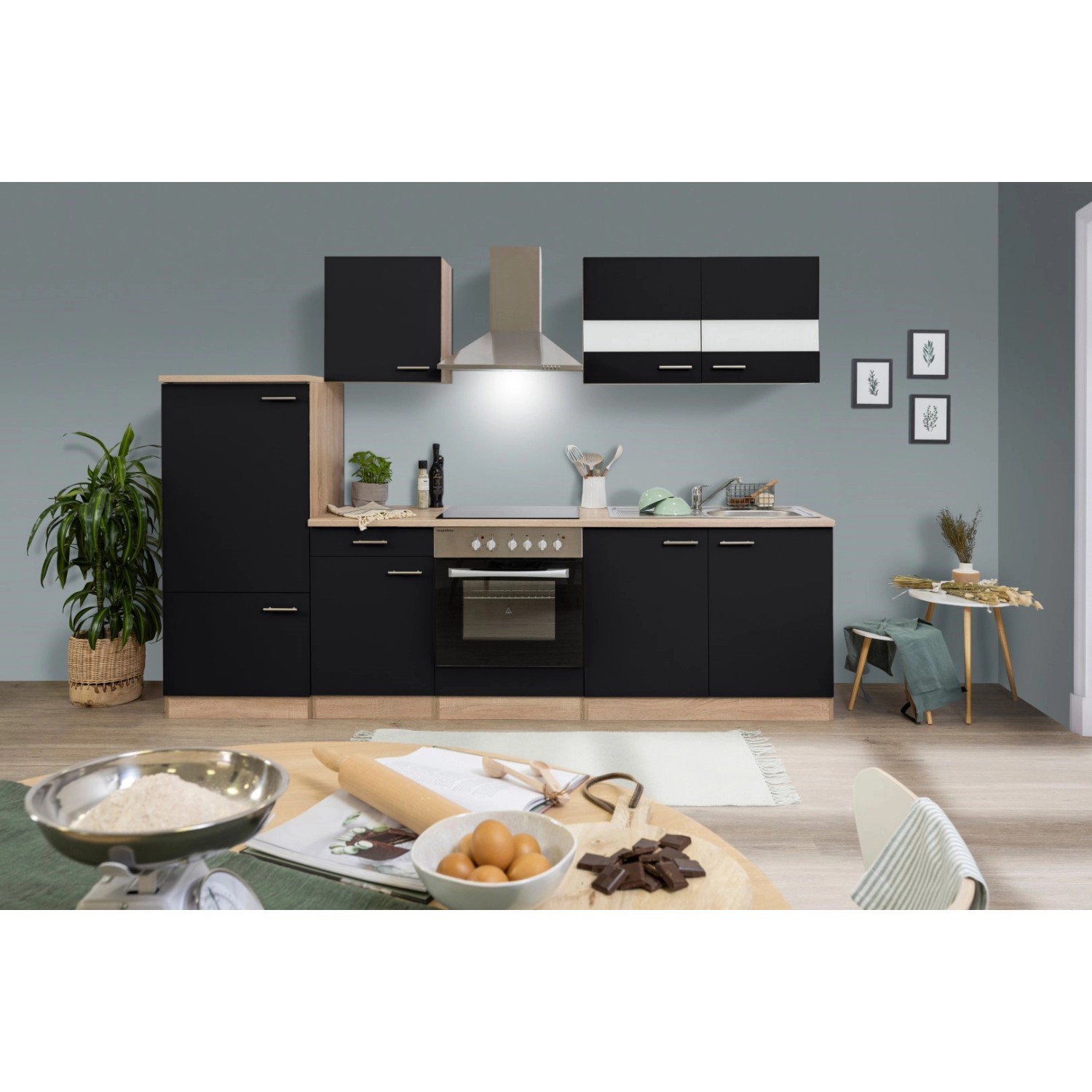 Respekta Küchenzeile 270 cm Schwarz Eiche Sägerau