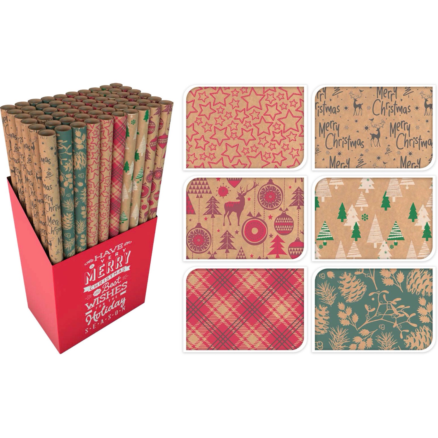 Geschenkpapier mit Weihnachtsmotiven Braun 70 cm x 200 cm 6-fach sortiert