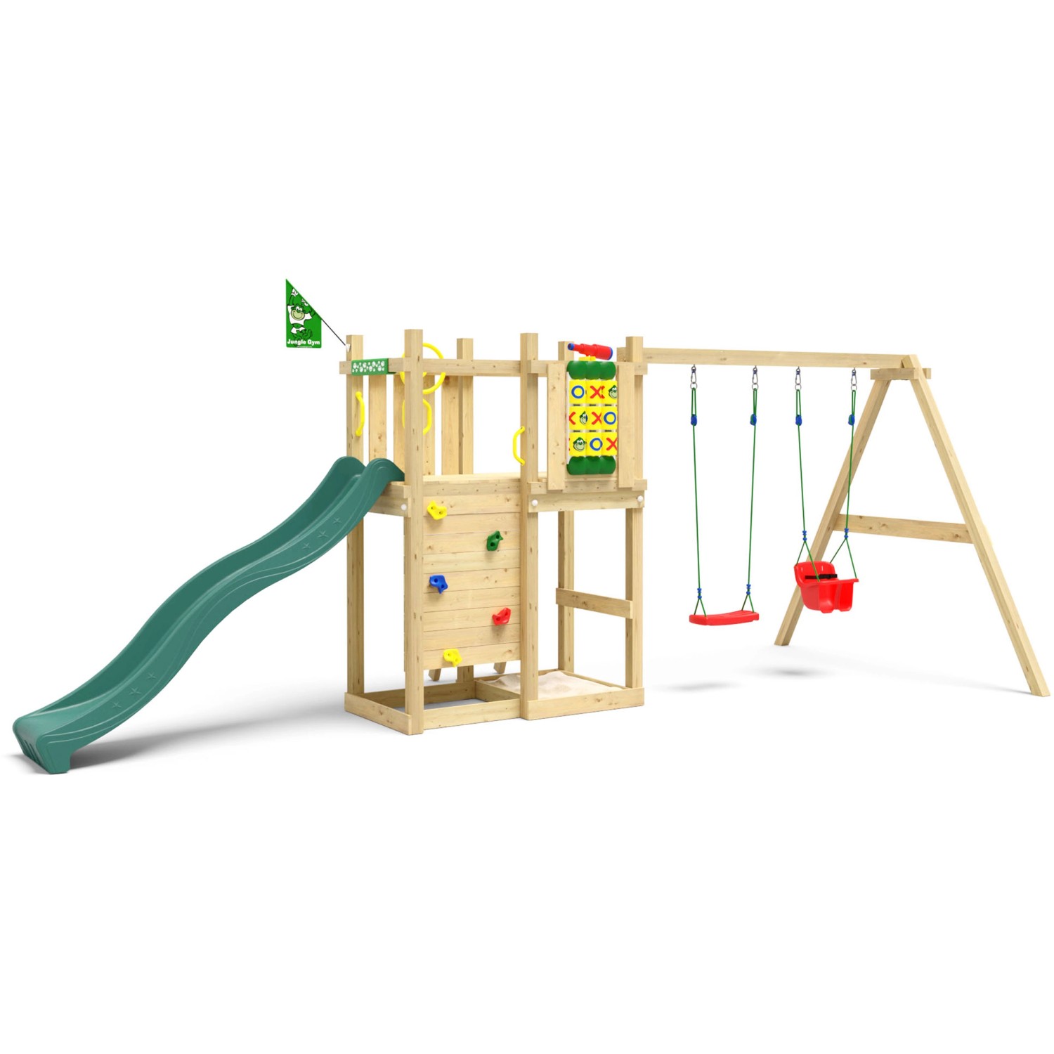 Jungle Gym Spielturm Ledge Holz m. Doppelschaukel Tic Tac Toe Rutsche Dunkelgr.