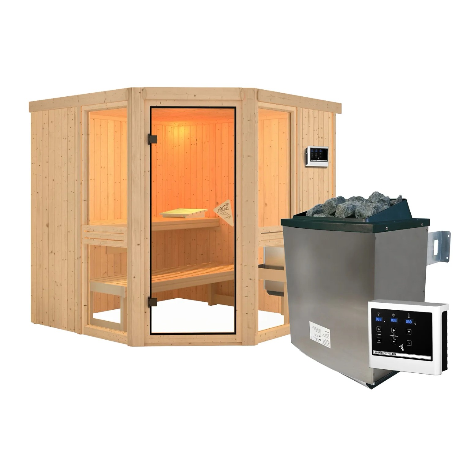 Karibu Sauna Anina 2 Zoll mit Ofen 9 kW Extern Naturbelassen