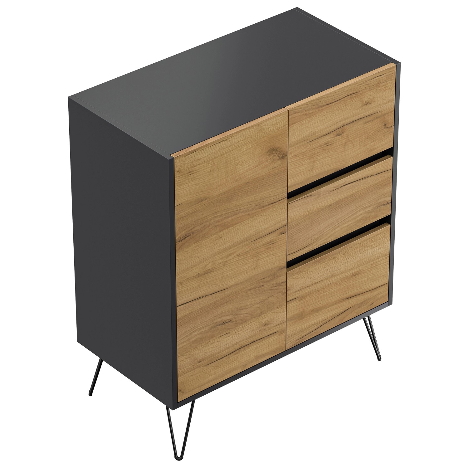 Posseik Sideboard Industrial K 3 Schubladen 1 Tür 80 cm Grafit Eiche Front