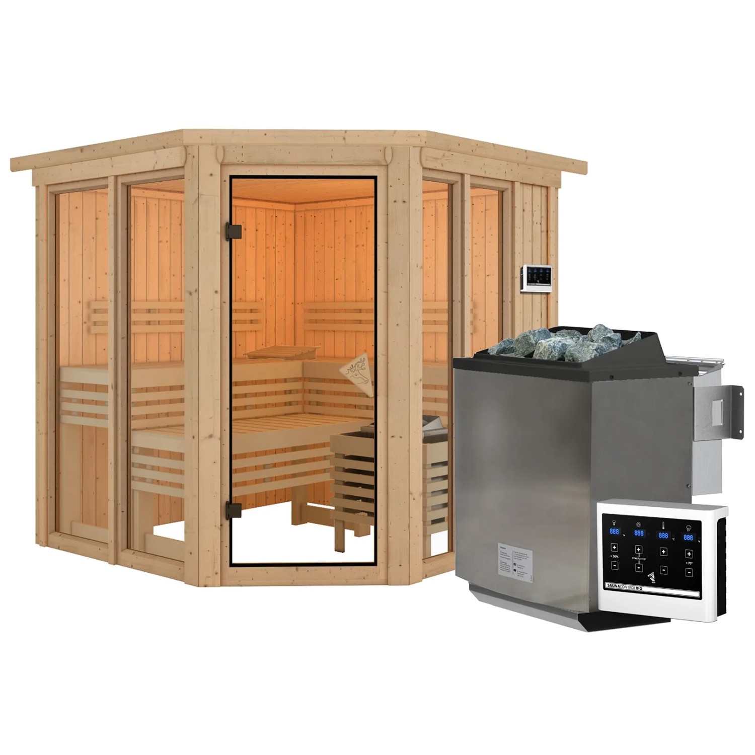 Karibu Sauna Airini mit Kranz und Ofen 9 kW Bio Extern Naturbelassen