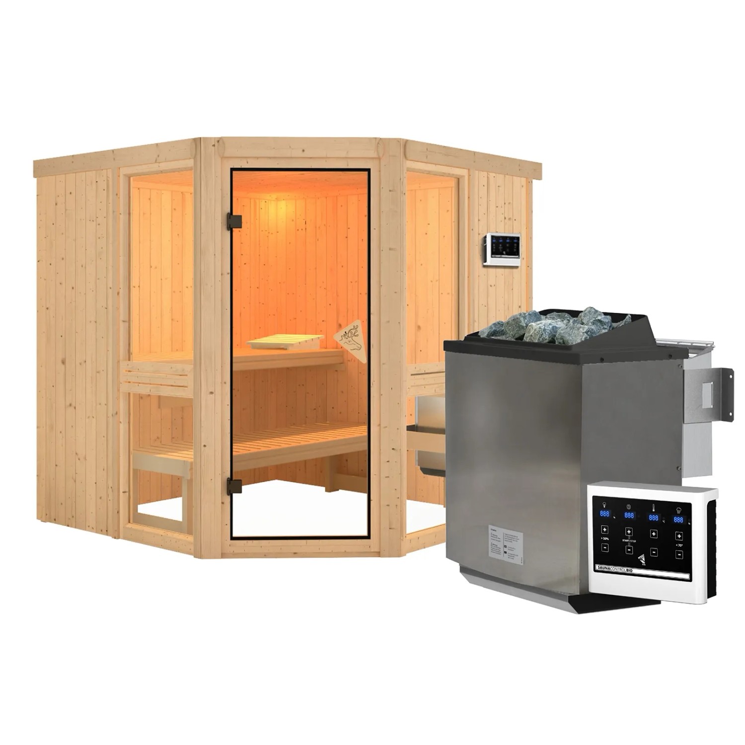 Karibu Sauna Anina 2 Zoll mit Ofen 9 kW Bio Extern Naturbelassen