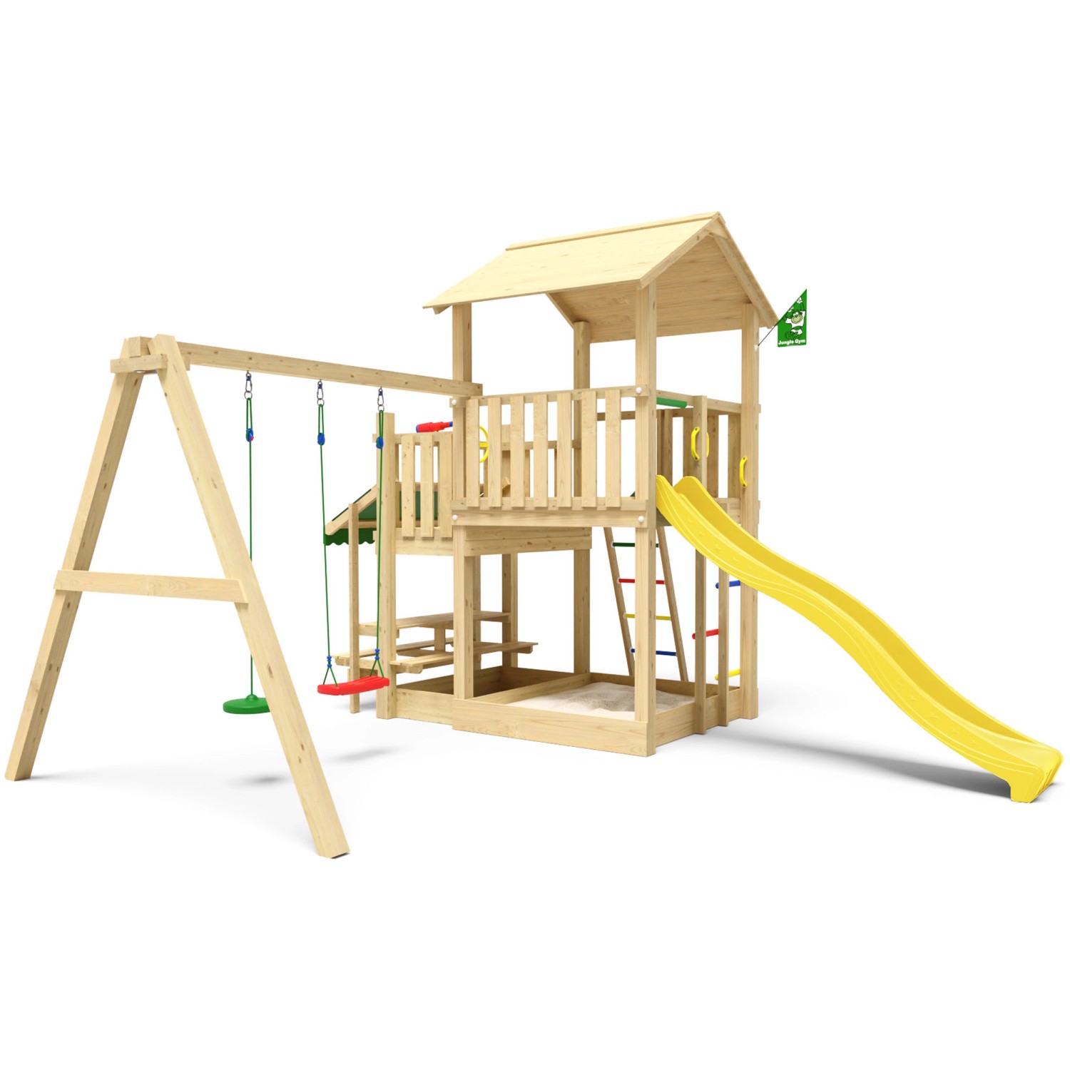 Jungle Gym Spielturm Skyline Holz Picnic Modul Doppelschaukel Rutsche Gelb