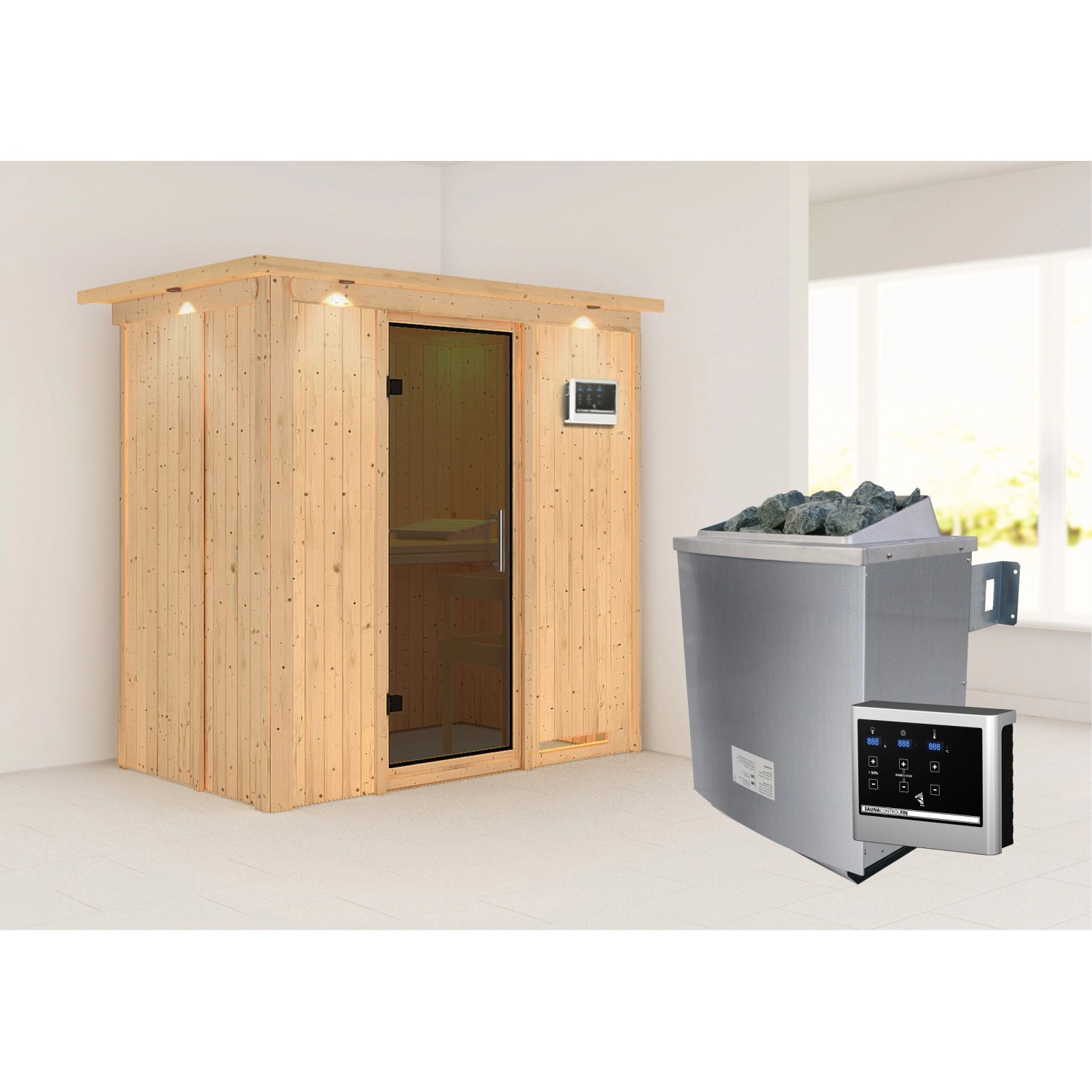 Karibu Sauna Vera + Ofen ext. Strg. Easy, Holz-Glastür, Dachkranz