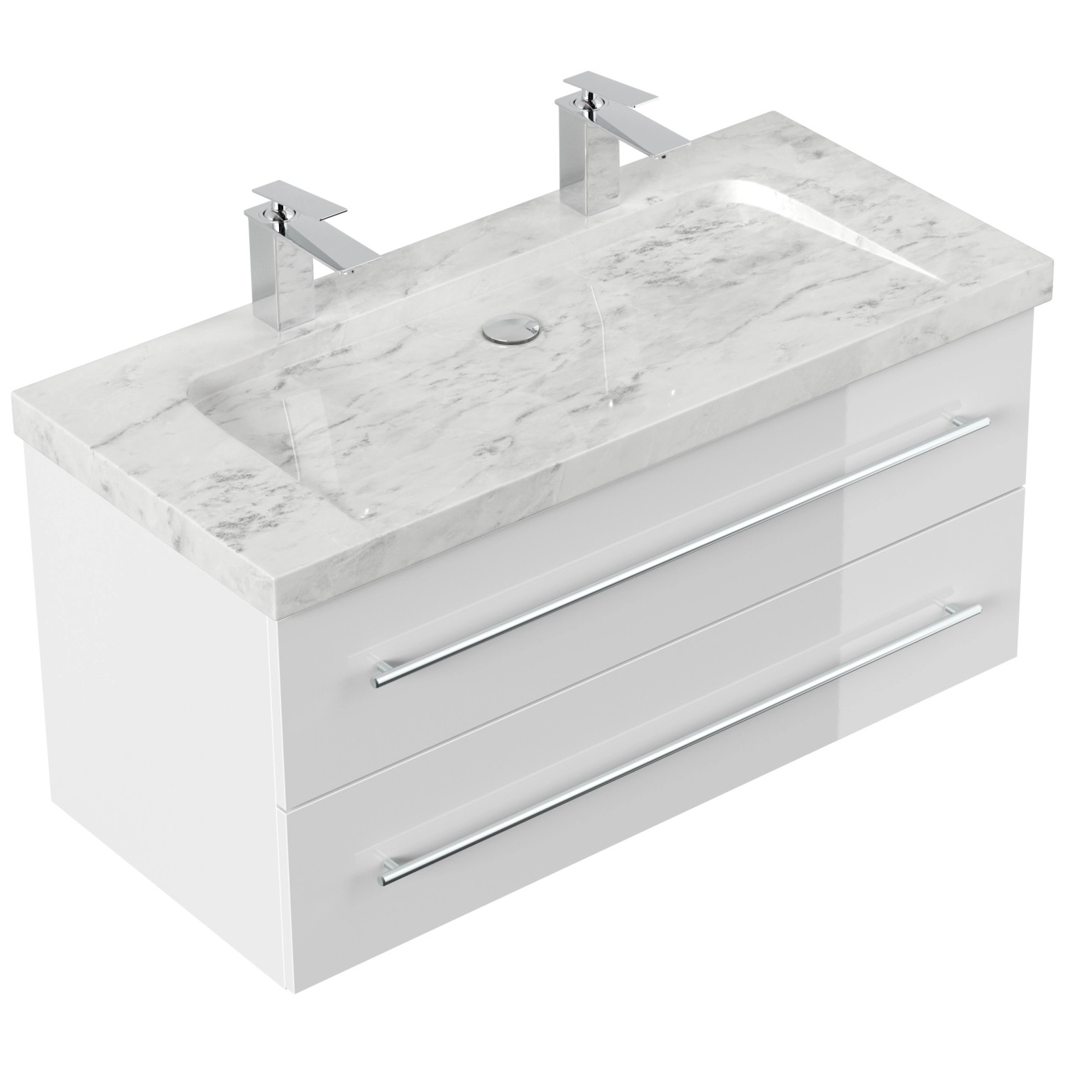 Posseik Badmöbel Marmor Carrara White Yamo 2 Hahnlöcher 100 cm Weiß Hochglanz
