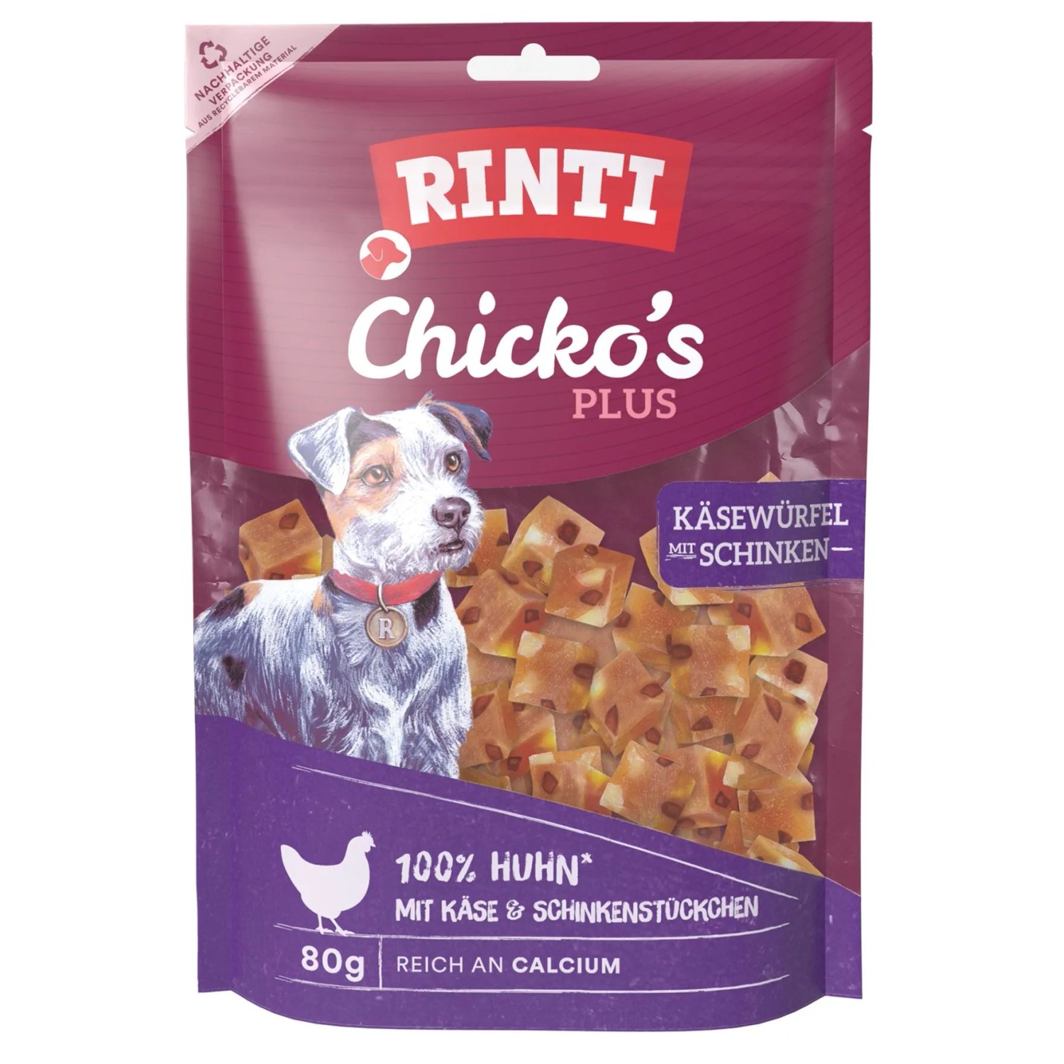 Rinti Hunde-Natursnacks Chicko Plus Käse-Schinken-Würfel mit Huhn 80 g