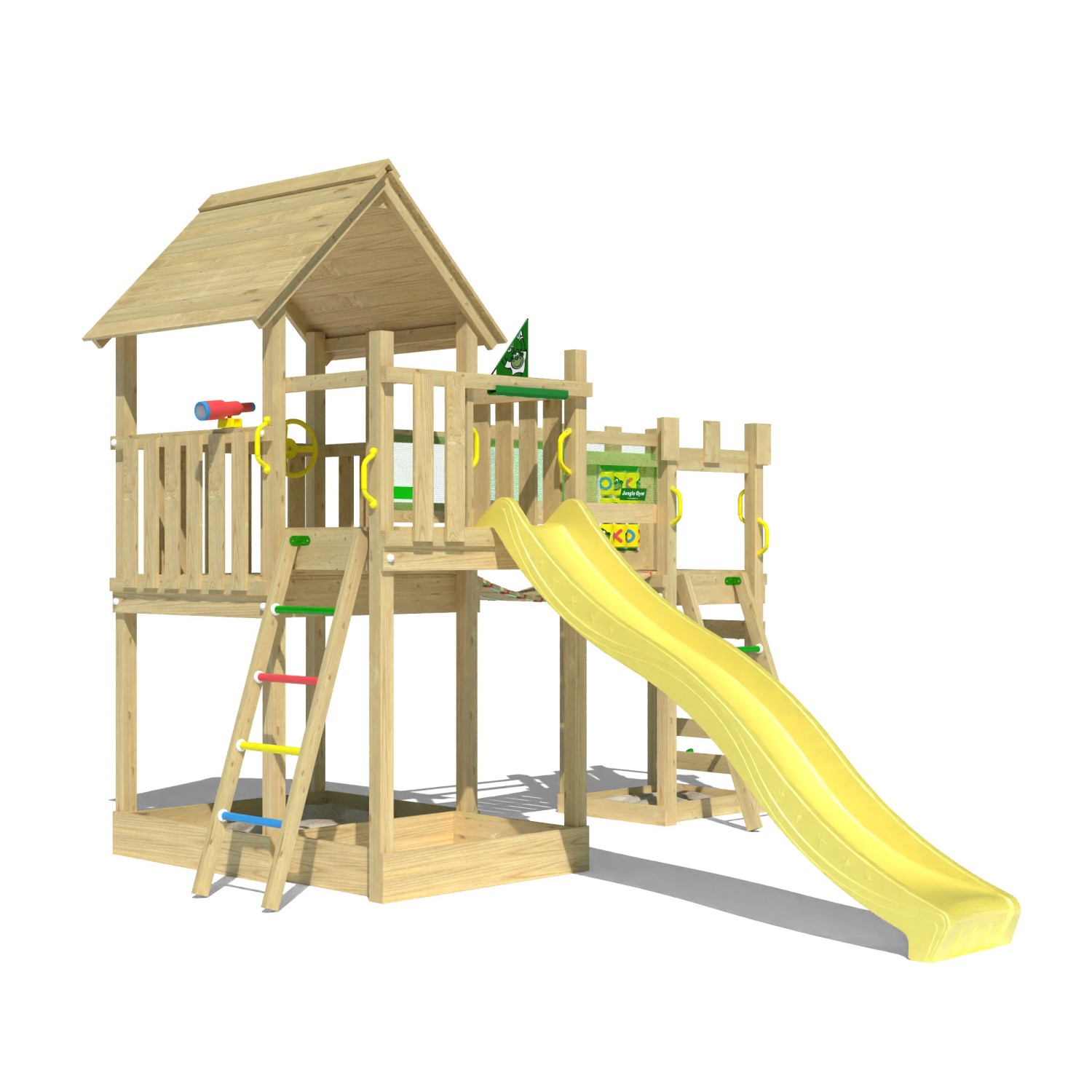 Jungle Gym Spielturm Lookout Holz Wackelbrücke Kletterrampe Rutsche Gelb