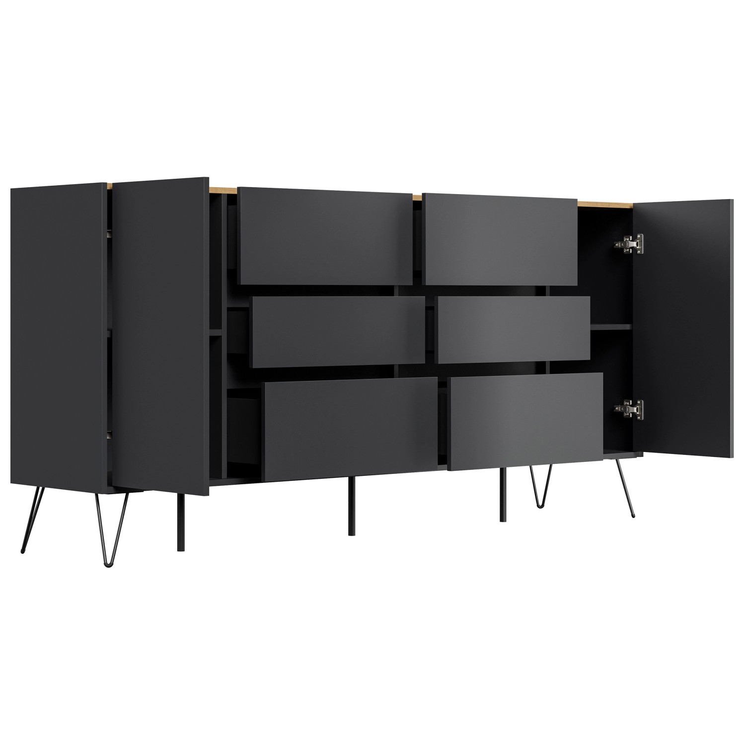 Posseik Sideboard Industrial R 6 Schubladen 2 Türen 200 cm Grafit Eiche Top