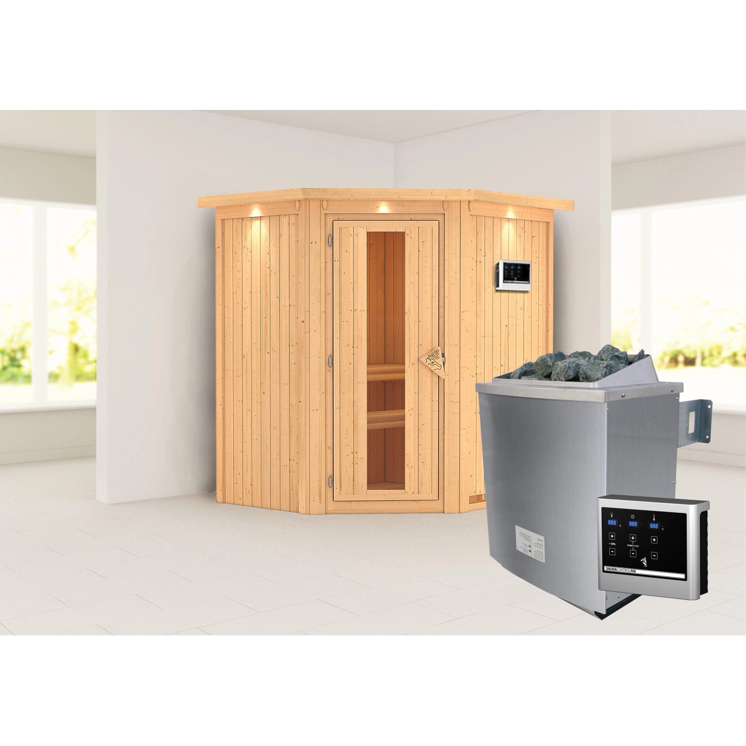 Karibu Sauna Tjorven + Ofen ext. Strg. Easy, Holz-Glastür, LED-Dachkranz