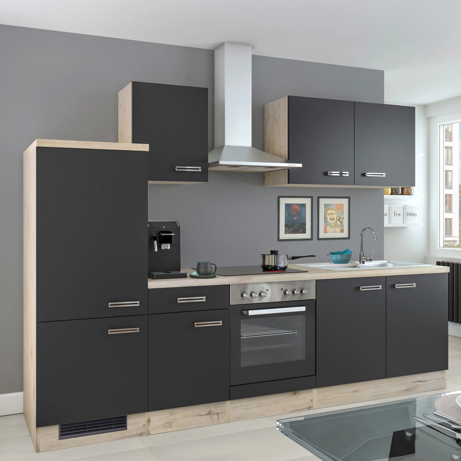 Flex-Well Küchenzeile Lara 270 cm Anthrazit San Remo Eiche hell