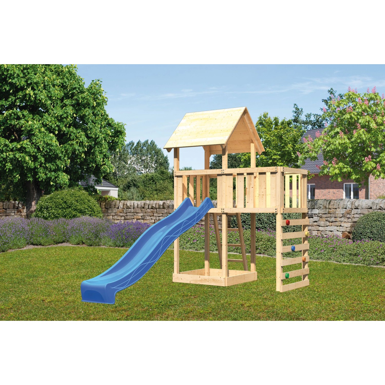 Karibu Spielturm Lotti mit Anbauplattform Kletterwand Rutsche Blau