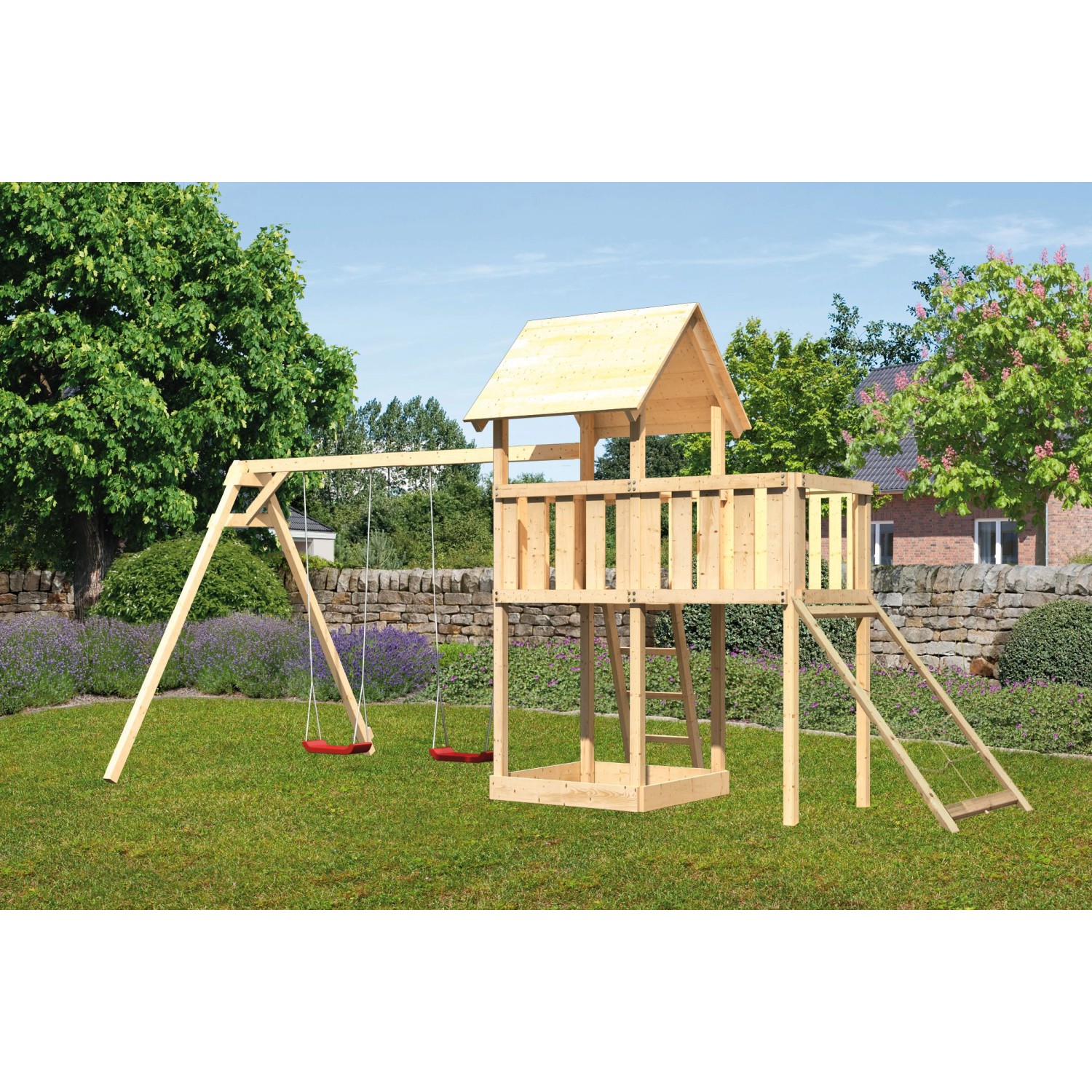 Karibu Spielturm Lotti mit Doppelschaukel Anbauplattform Netzrampe