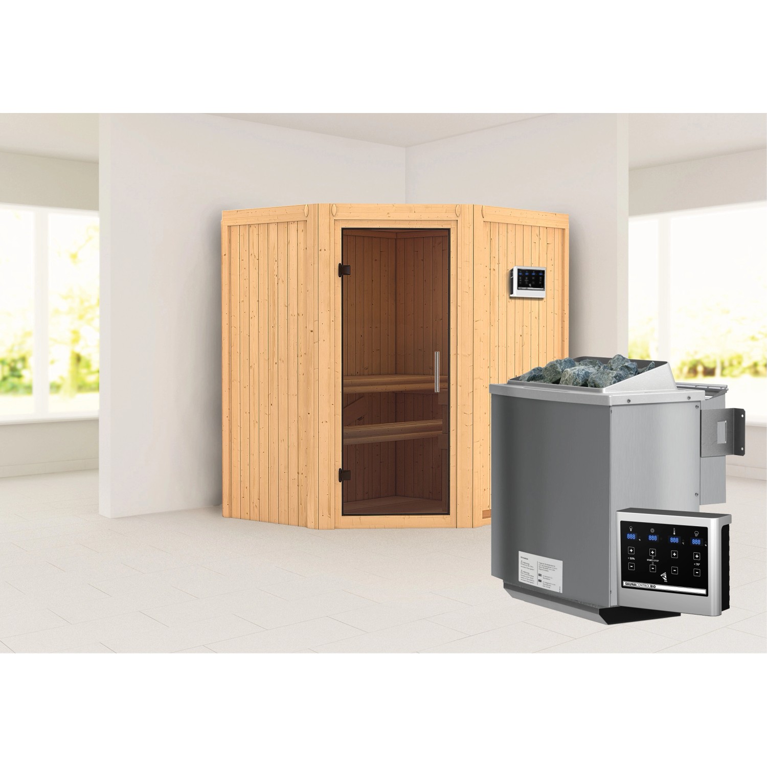 Karibu Sauna Tjorven + Bio-Ofen ext. Strg. Easy, Glastür Graphit, LED-Dachkranz