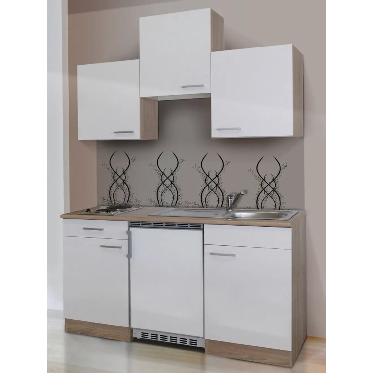 Respekta Küchenzeile KB150ESWC 150 cm Weiß-Eiche Sägerau