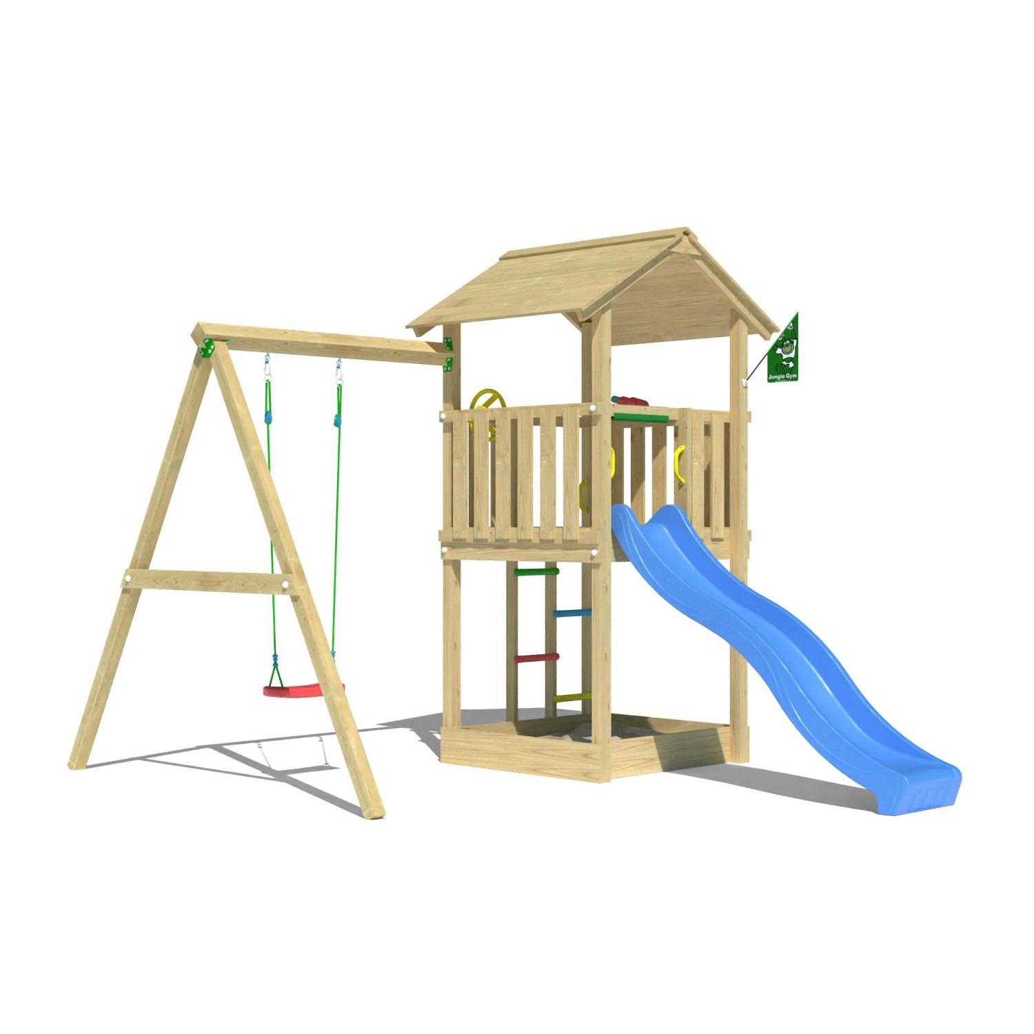 Jungle Gym Spielturm Beacon Holz mit Einzelschaukel Rutsche Blau