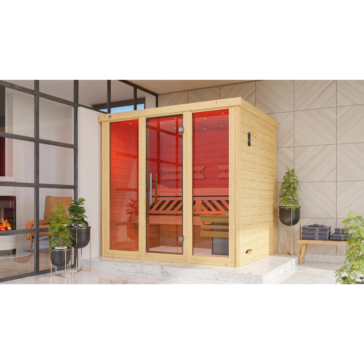 Weka Massivholzelementsauna Kemi Panorama 2 Sparset 7,5 kW BioS Glastür/Fenster