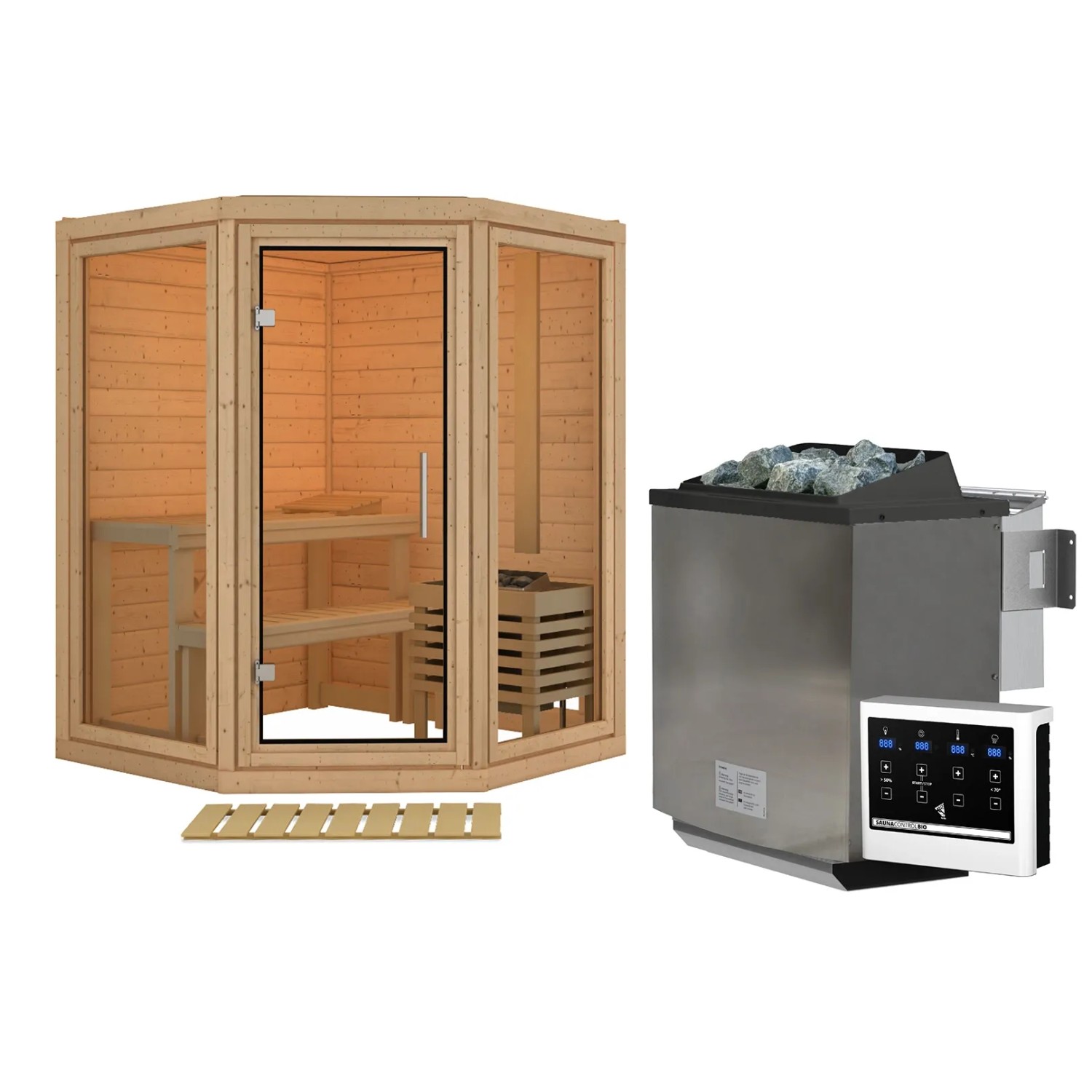 Karibu Sauna Ebba mit Ofen 9 kW Bio Extern Naturbelassen