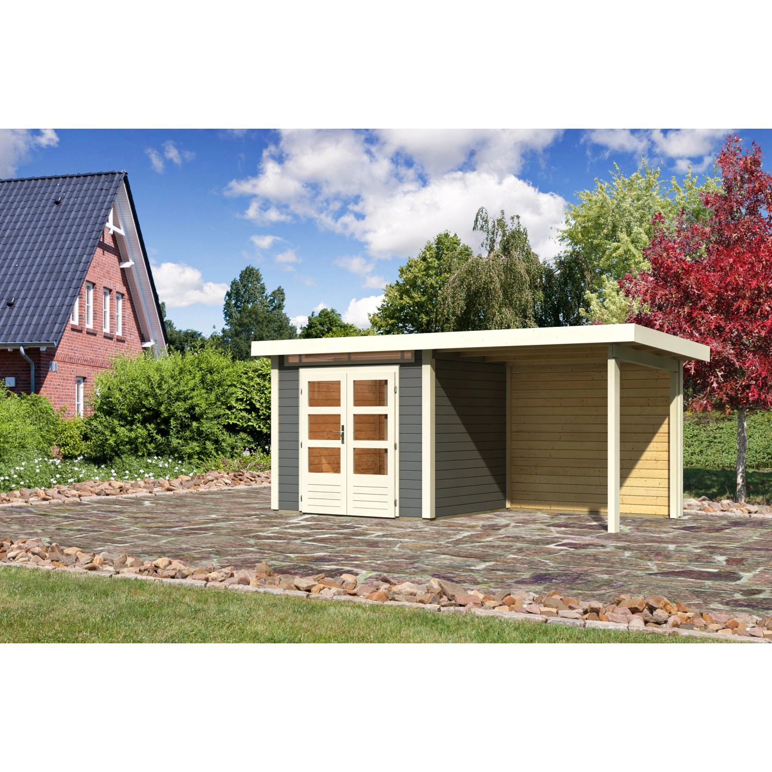 Karibu Holz-Gartenhaus Kumla 2 Terragrau Pultdach Lackiert 244 cm x 204 cm