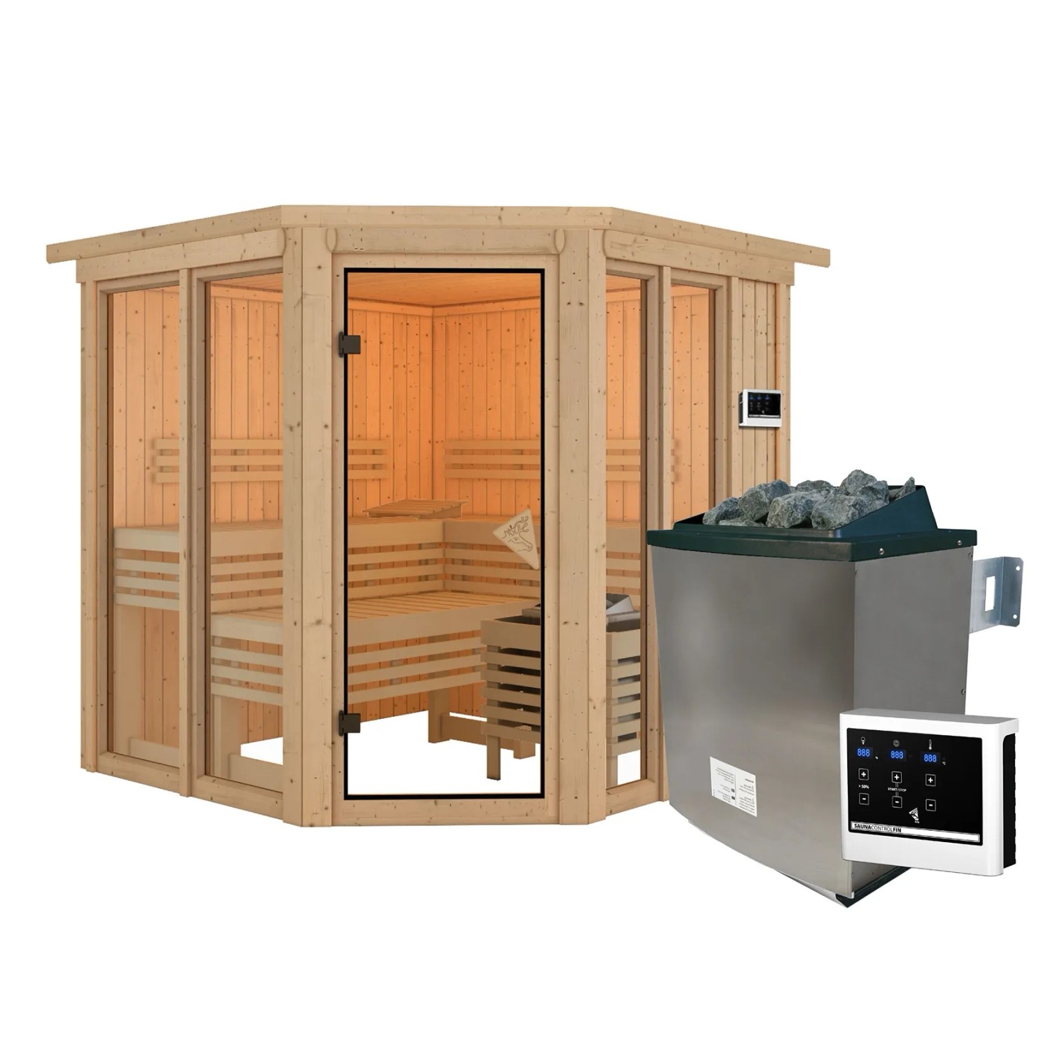 Karibu Sauna Airini mit Kranz und Ofen 9 kW Extern Naturbelassen