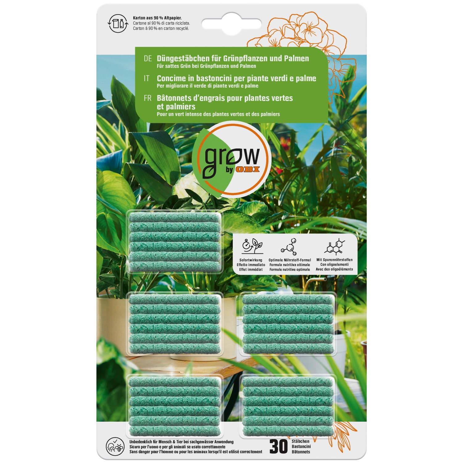 GROW by OBI Düngestäbchen für Grünpflanzen und Palmen, 30 Stück
