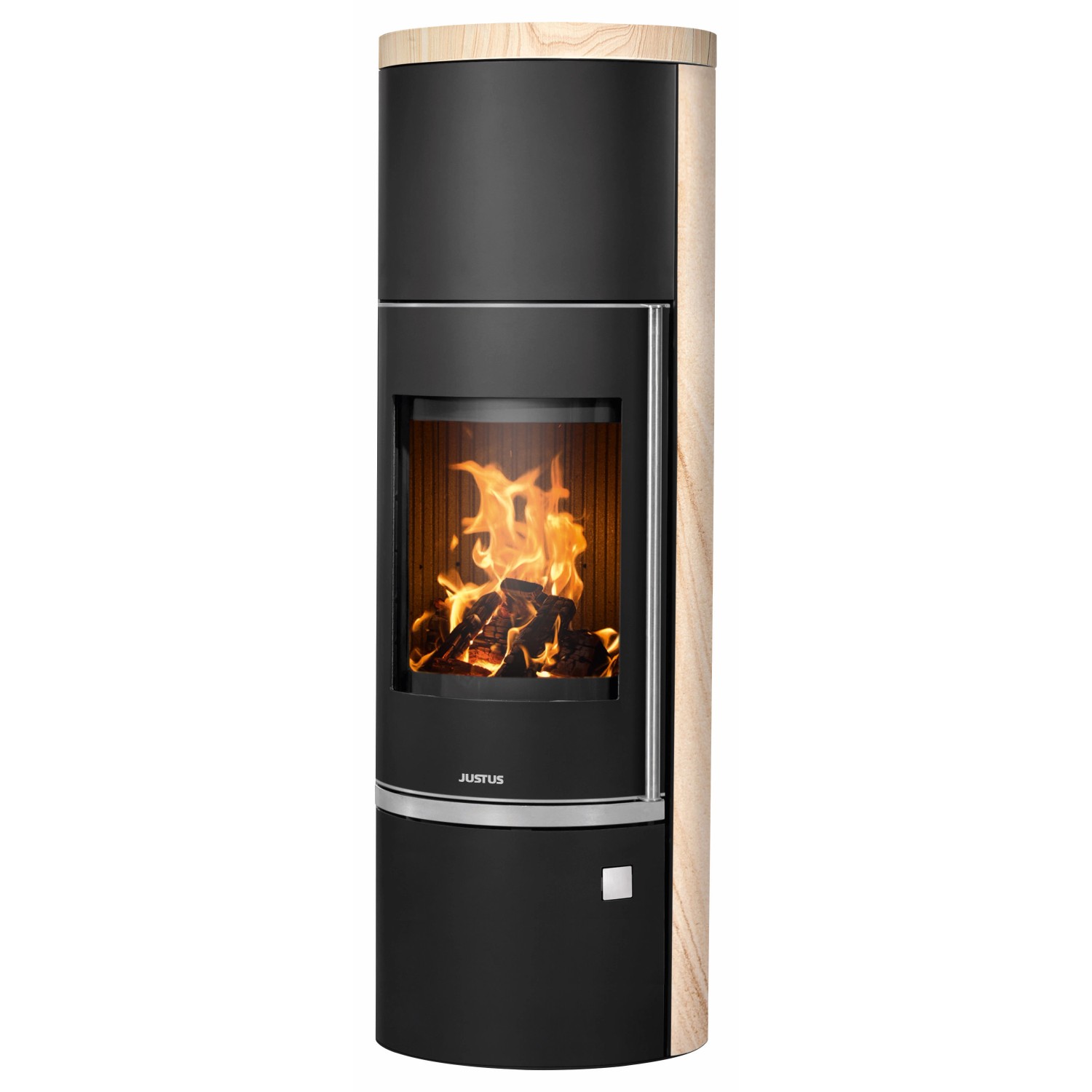 Justus Kaminofen Faro W+ 2.0 Stahl Schwarz mit Sandstein Holzoptik 7 kW