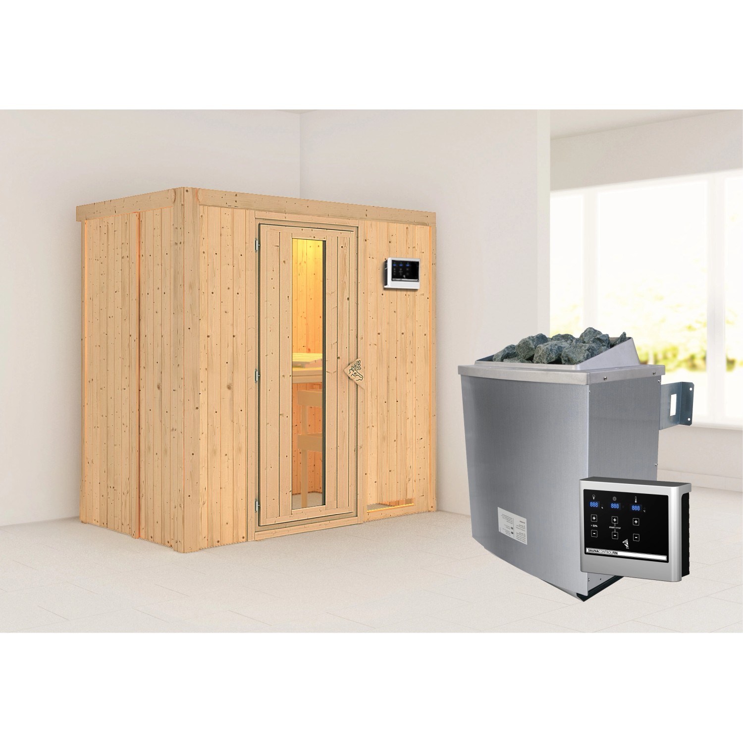 Karibu Sauna Vera + Ofen ext. Strg., Holz-Glastür, LED-Dachkranz