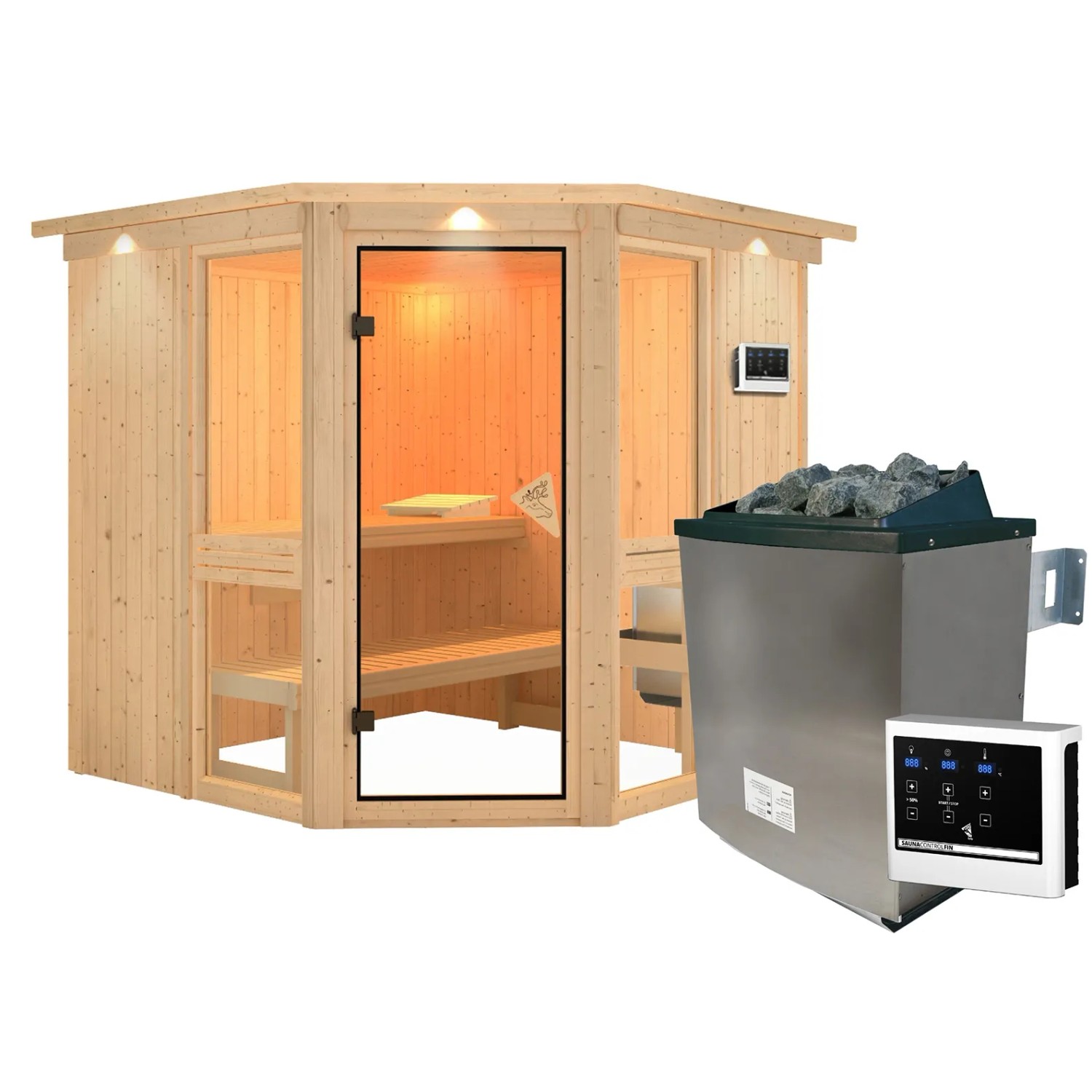 Karibu Sauna Anina 2 Zoll mit Kranz und Ofen 9 kW Bio Extern Naturbelassen