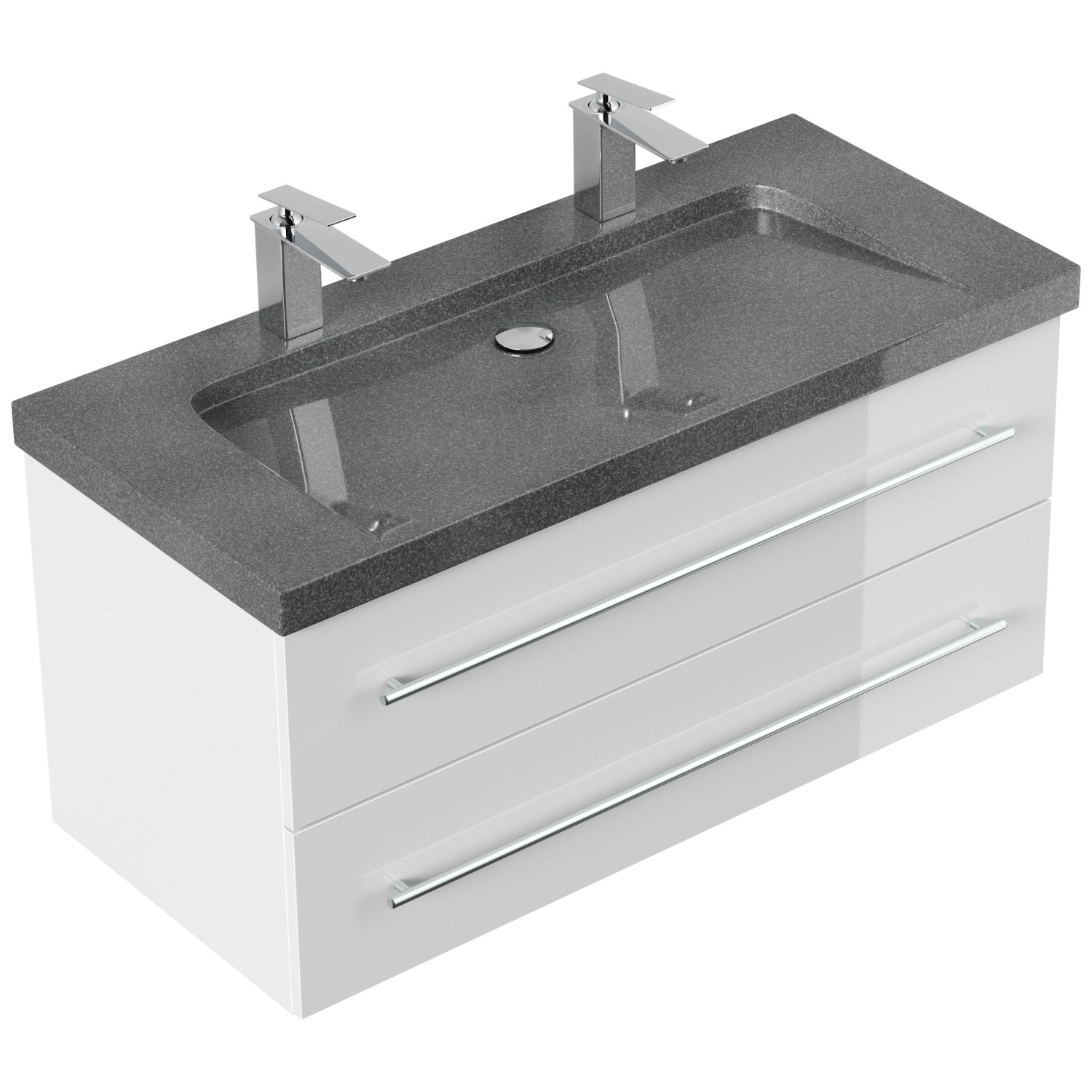 Posseik Badmöbel Granit G654 Yamo 2 Hahnlöcher SoftClose 100 cm Weiß Hochglanz