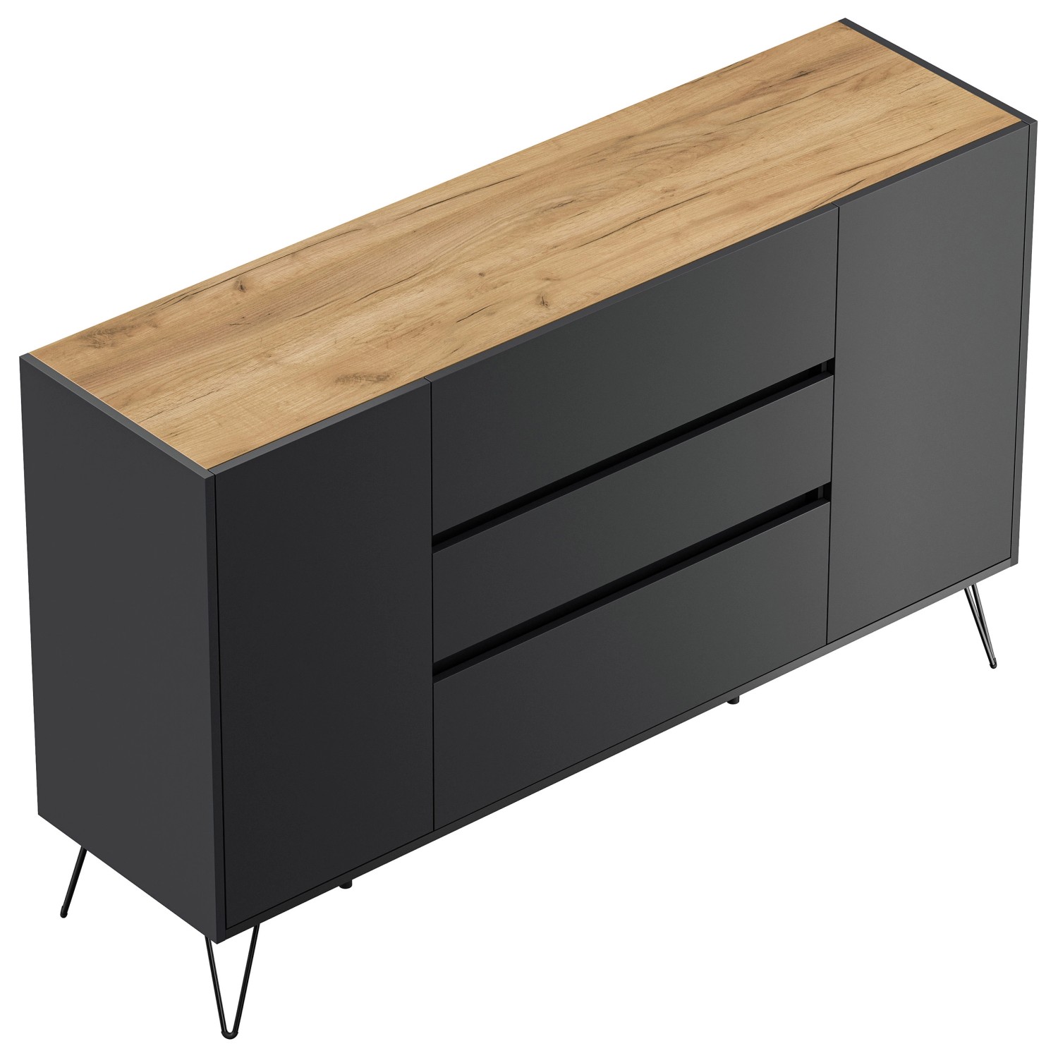 Posseik Sideboard Industrial O 3 Schubladen 2 Türen 155 cm Grafit Eiche Top