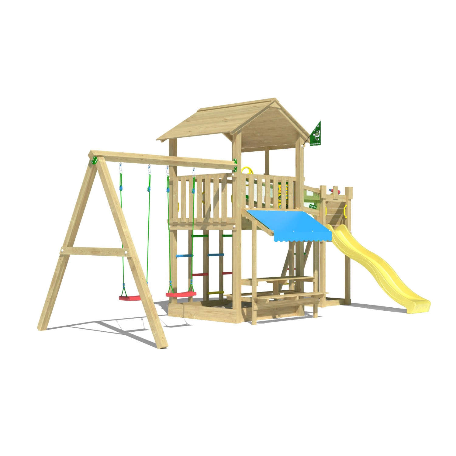Jungle Gym Spielturm Cascade Holz Picnic m. 2 Schaukeln Brücke Rutsche Gelb