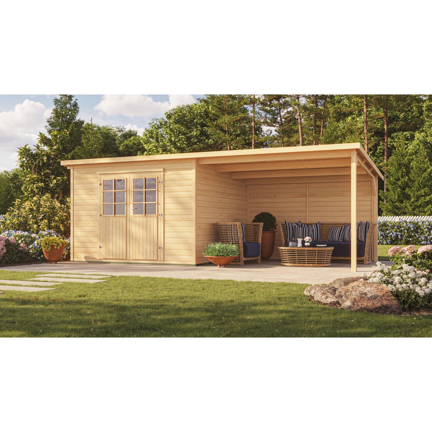 Weka Holz-Gartenhaus Como Natur 598 cm x 300 cm davon 303 cm Anbaudach