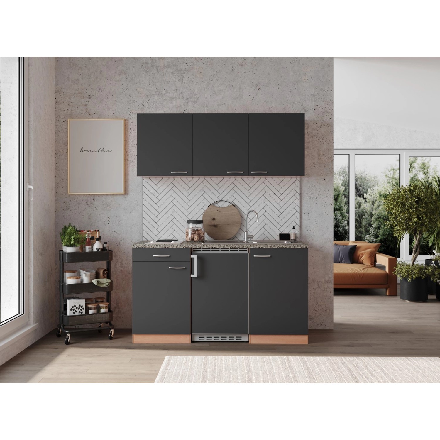 Respekta Küchenzeile KB150BG 150 cm Grau-Buche Nachbildung