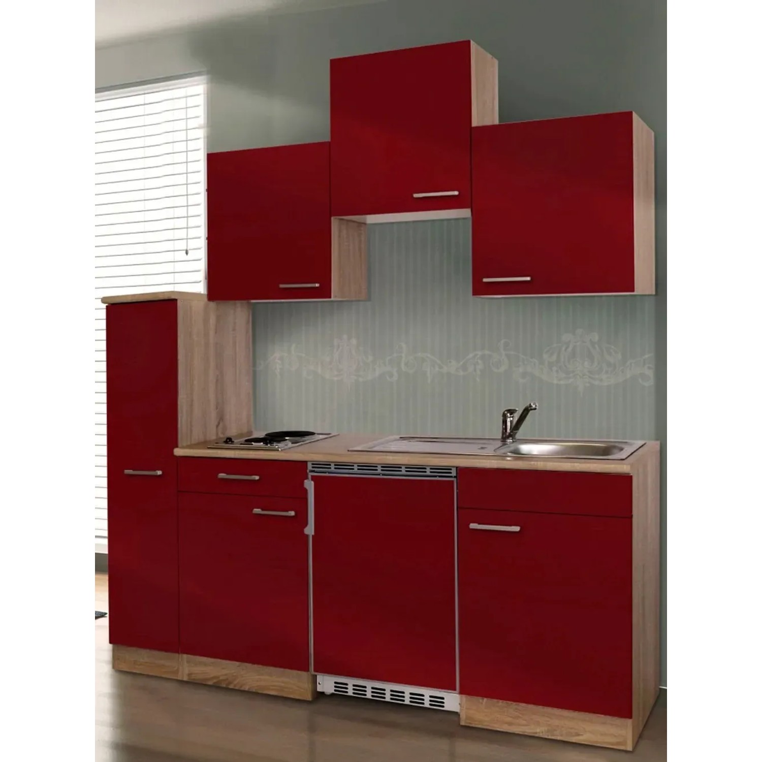 Respekta Küchenzeile KB180ESRC 180 cm Rot-Eiche Sonoma Sägerau Nachbildung