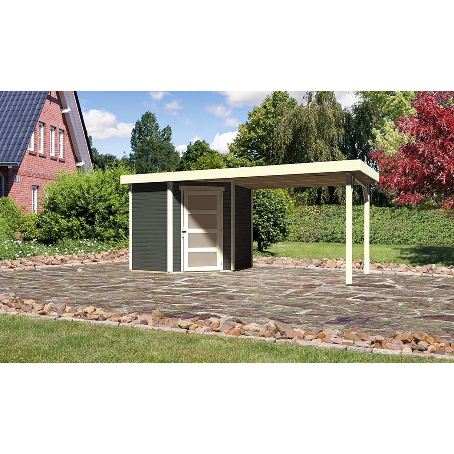 Karibu Holz-Gartenhaus Linköbing Terragrau Flachdach Lackiert 209 cm x 213 cm