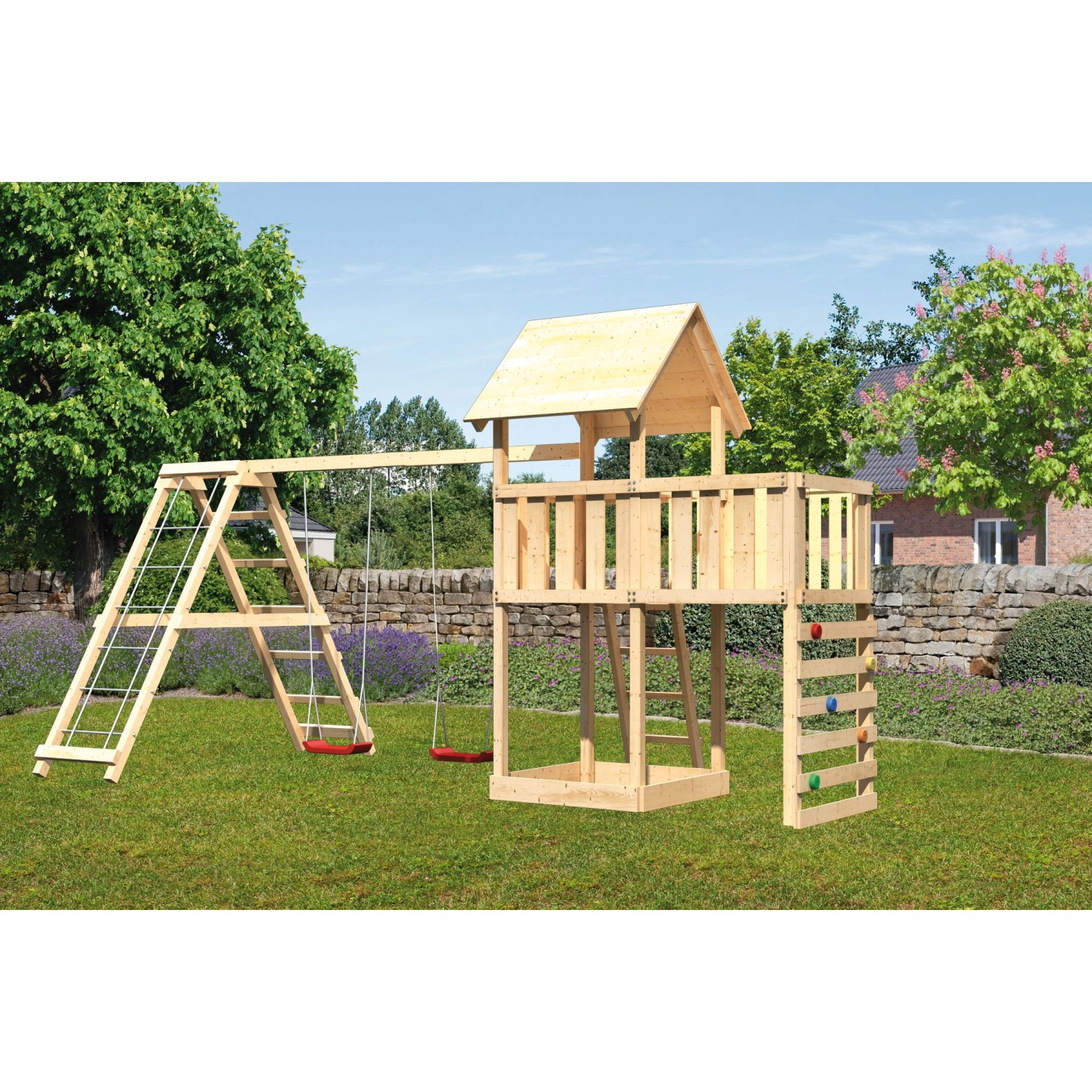 Karibu Spielturm Lotti Doppelschaukel Klettergerüst Anbauplattform Kletterwand