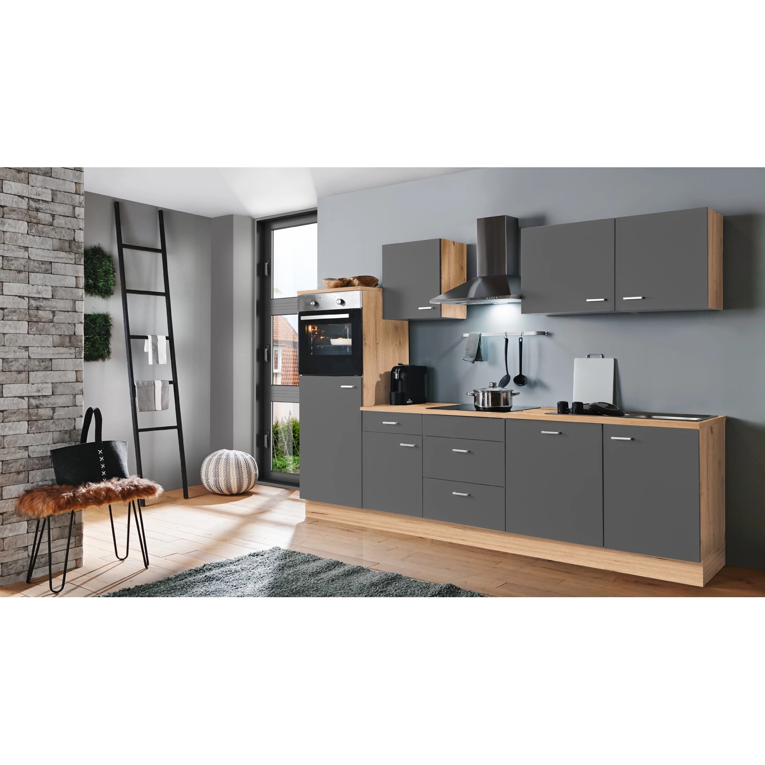 Menke Küchenzeile Artisan Classic 280 cm Graphit Matt-Artisan Eiche Nachbildung