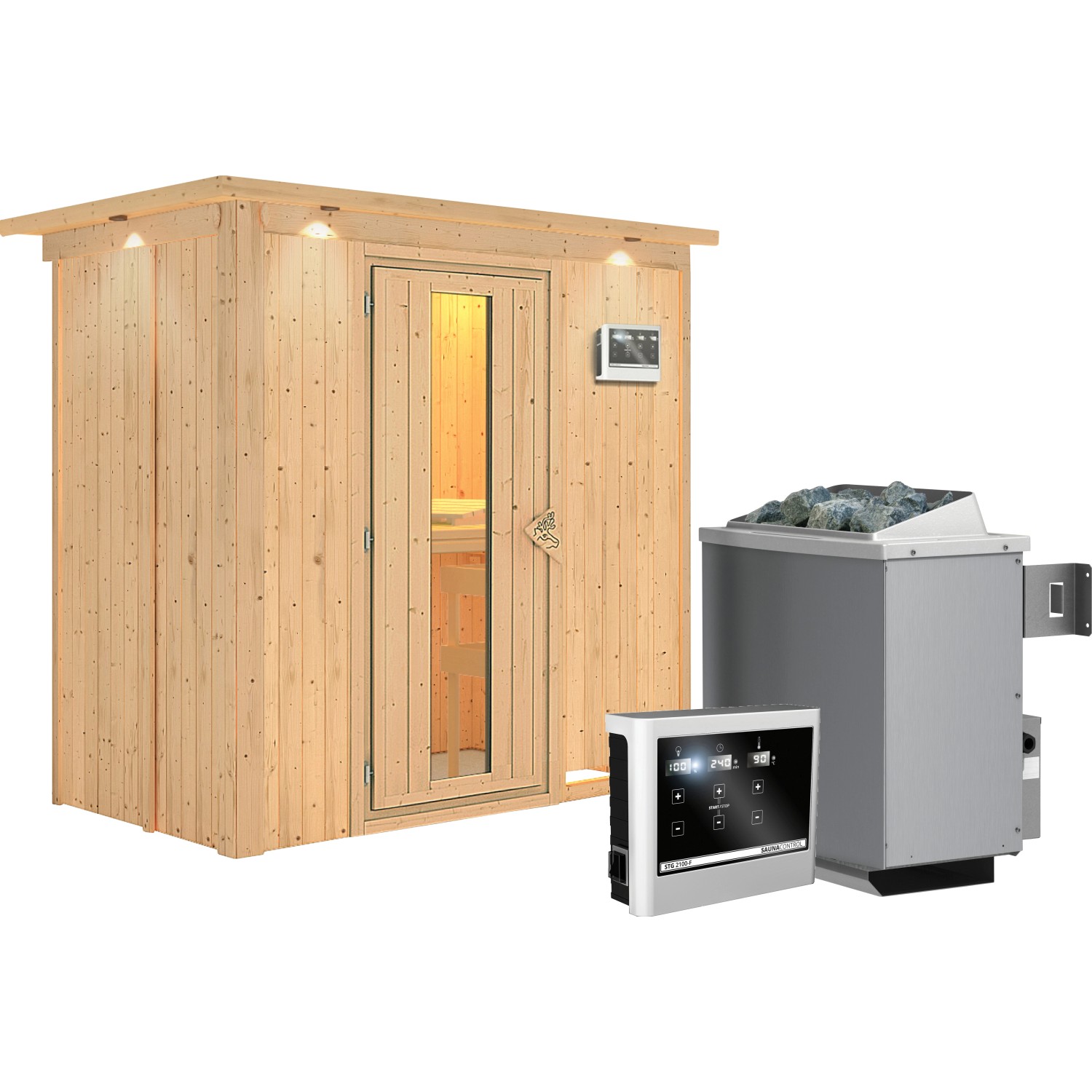 Karibu Sauna Vera + Ofen ext. Strg. Easy, Holz-Glastür, LED-Dachkranz