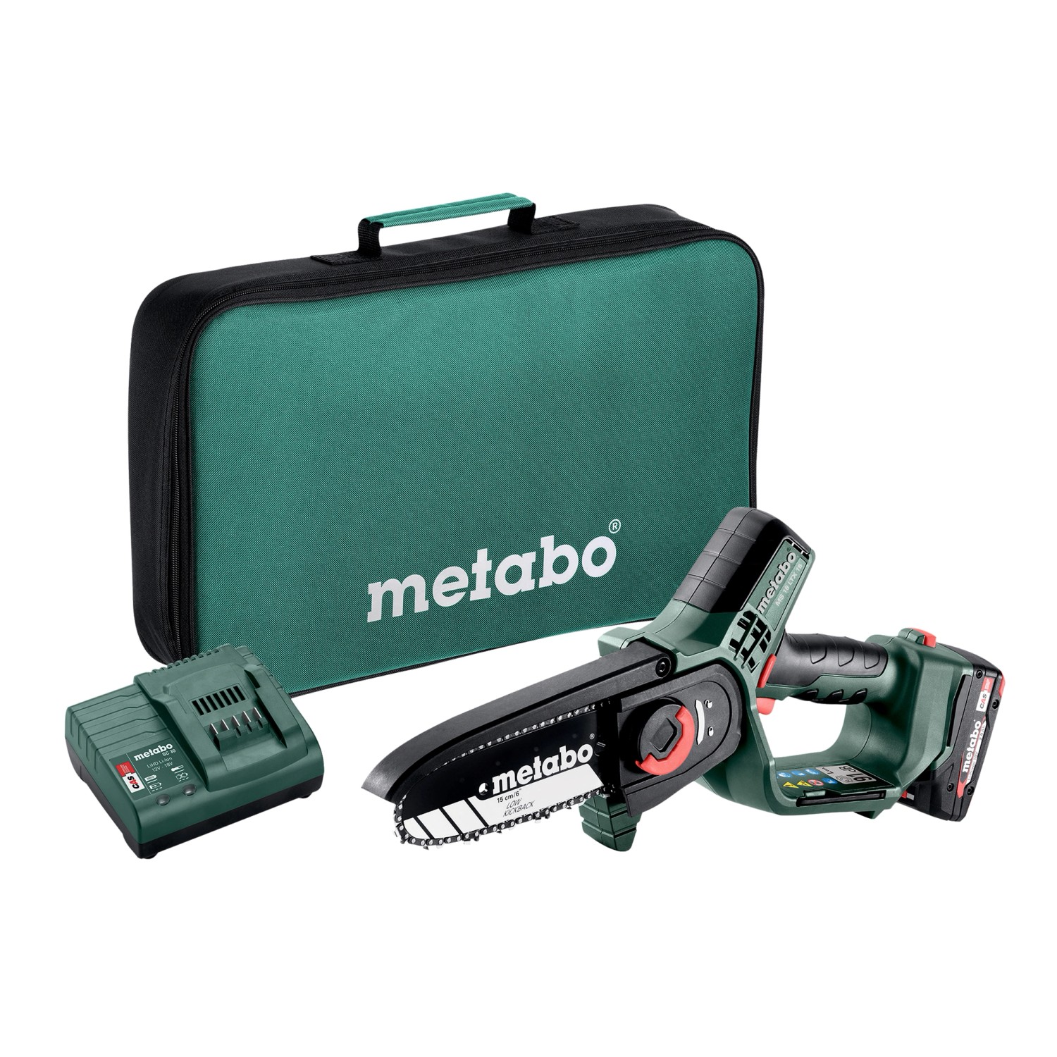 metabo Akku-Gehölzsäge MS 18 LTX 15 mit Akkupack 18V, Ladegerät, Werkzeugtasche