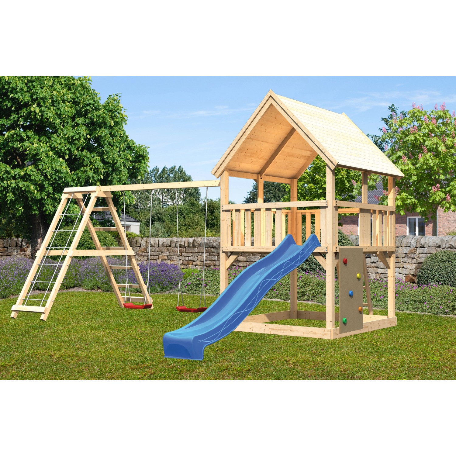 Karibu Spielturm Luis Doppelschaukel Kletterg. Kletterwand Rutsche Blau