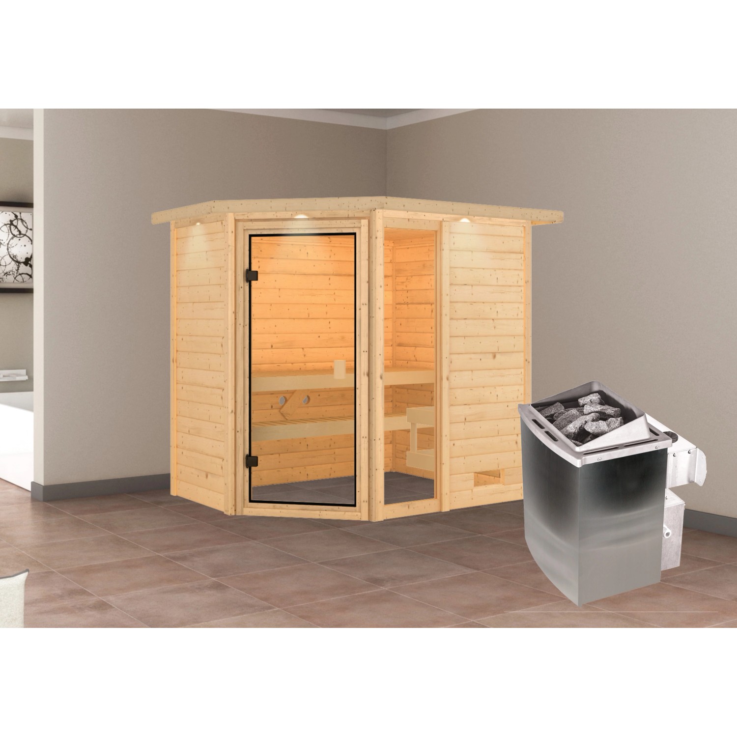 Karibu Sauna Jada mit Ofen intergrierte Stg.LED-Dachkranz Natur